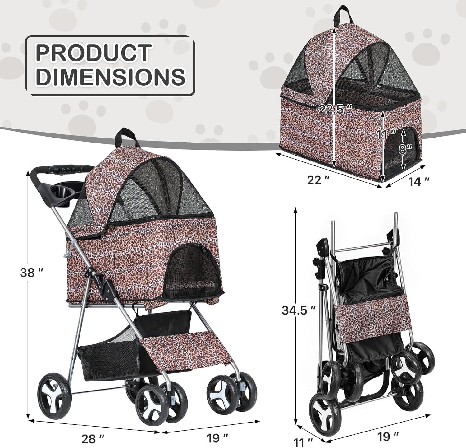 MoNiBloom Folding Pet Stroller, Foldable Dog Jogger Stroller with Detachable Carrier, Basket and Cup Holder