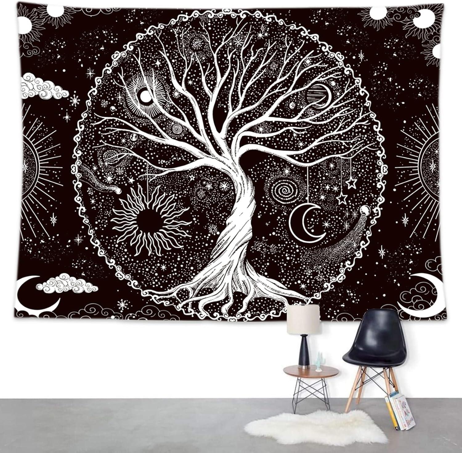 BCIIG Tree of Life Tapestry Wall Hanging Black and White Wishing Tree Galaxy Space Sun & Moon Tapestry Psychedelic Mystical Aesthetics Wall Hanging Living Room Bedroom Cosmic Tree