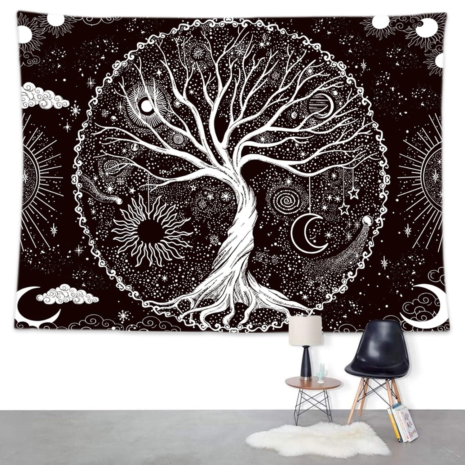 BCIIG Tree of Life Tapestry Wall Hanging Black and White Wishing Tree Galaxy Space Sun & Moon Tapestry Psychedelic Mystical Aesthetics Wall Hanging Living Room Bedroom Cosmic Tree