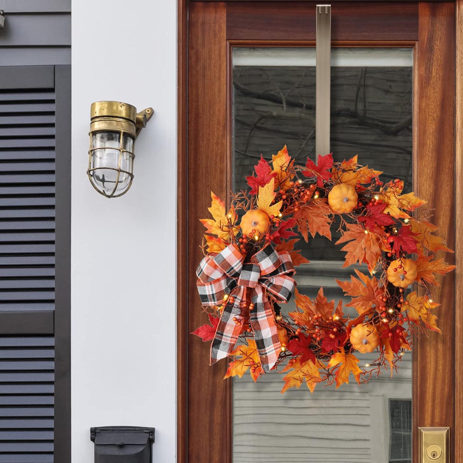 Haute Decor 24 Inch Pre-Lit Fall Pumpkin Artificial Wreath with 30 Warm White Lights