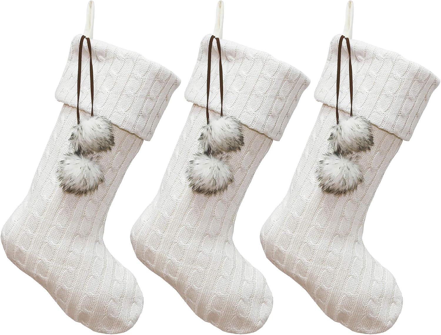 Ivory Cable Knit Christmas Stockings with Faux Fur Pom Poms, 20 Inches, Set of 3