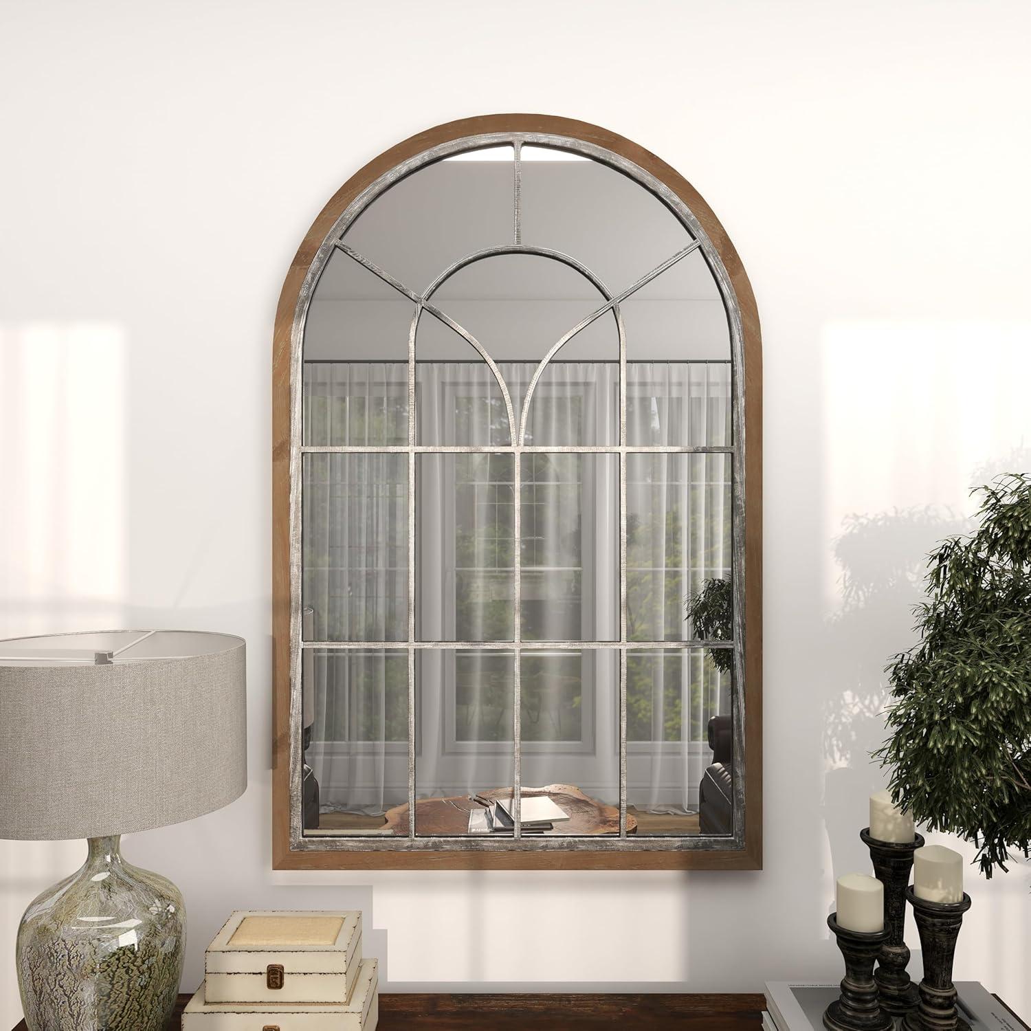 Glass Window Pane Inspired Wood Wall Mirror with Arched Top Brown - Olivia & May: Distressed Whitewash Finish, No Assembly Required