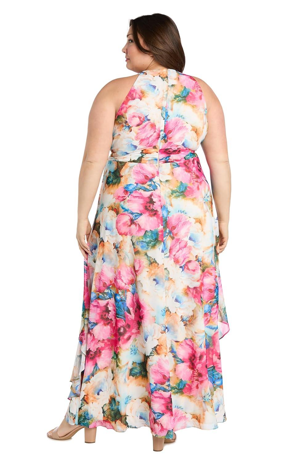 Vibrant Floral Chiffon Halter Maxi Dress with Ruffle Hem