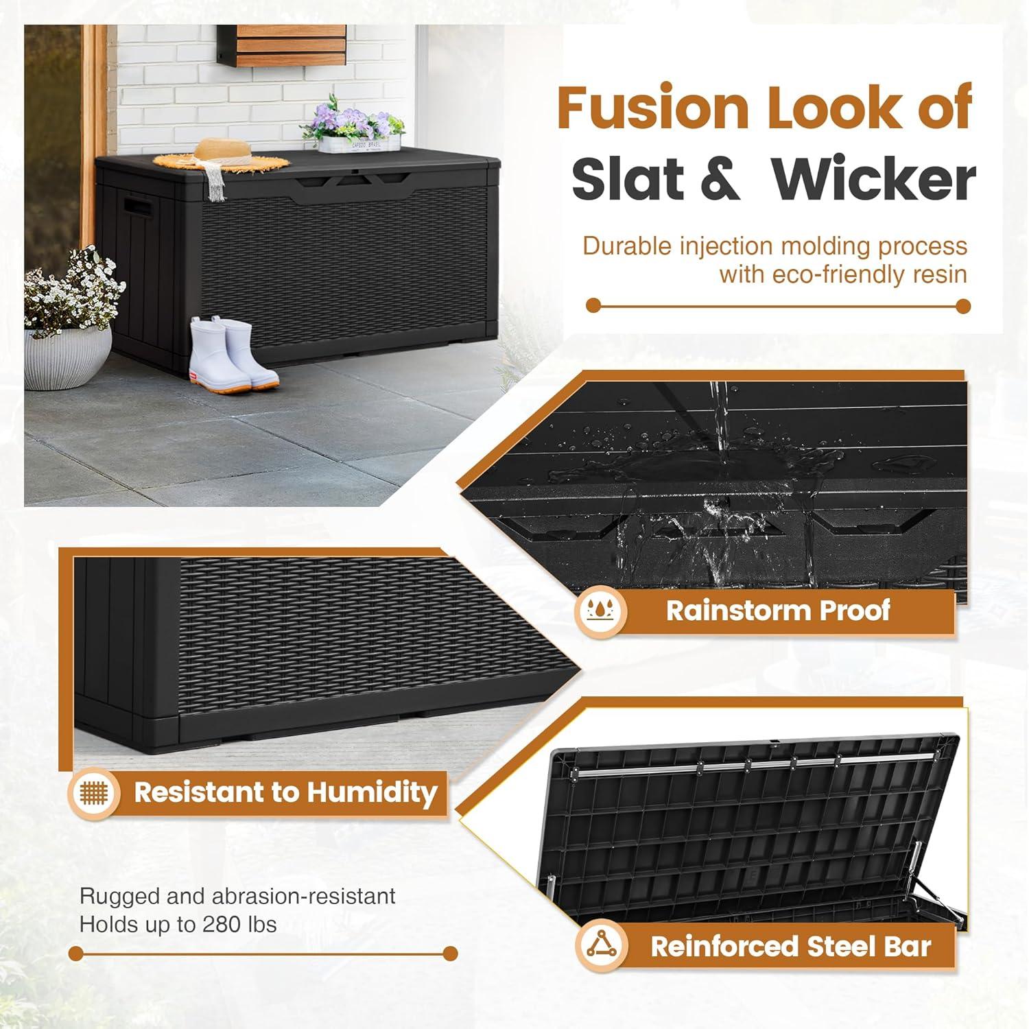 GEMBIK 100 Gallon Resin Deck Box, Large Outdoor Storage Bench with Cushions, Black