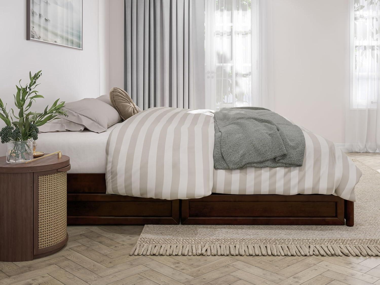 Barcelona King Solid Wood Panel Platform Bed with Storage Drawers in Walnut