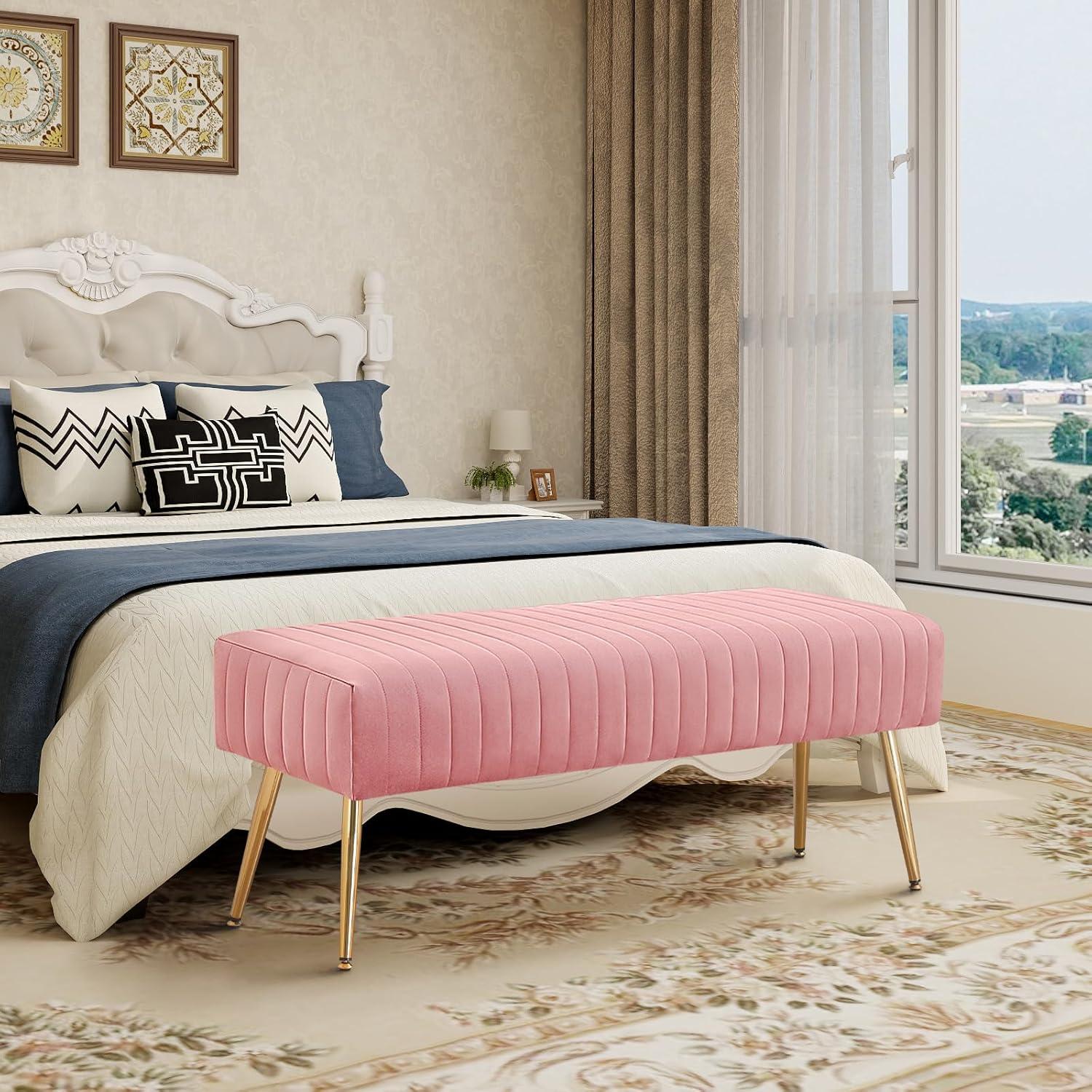 Furniliving Velvet Ottoman Bench  Modern Upholstered Bench  Indoor Entryway  Bench,  Pink