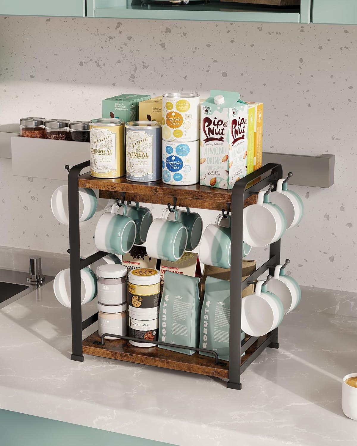 17 Stories Coffee Bar Organizer With 14 Mug Hooks, Wood Coffee Mug Holder Stand For Countertop, 2 Tier Coffee Station Organizer For Coffee Cups, Mugs, Syrups, Accessories
