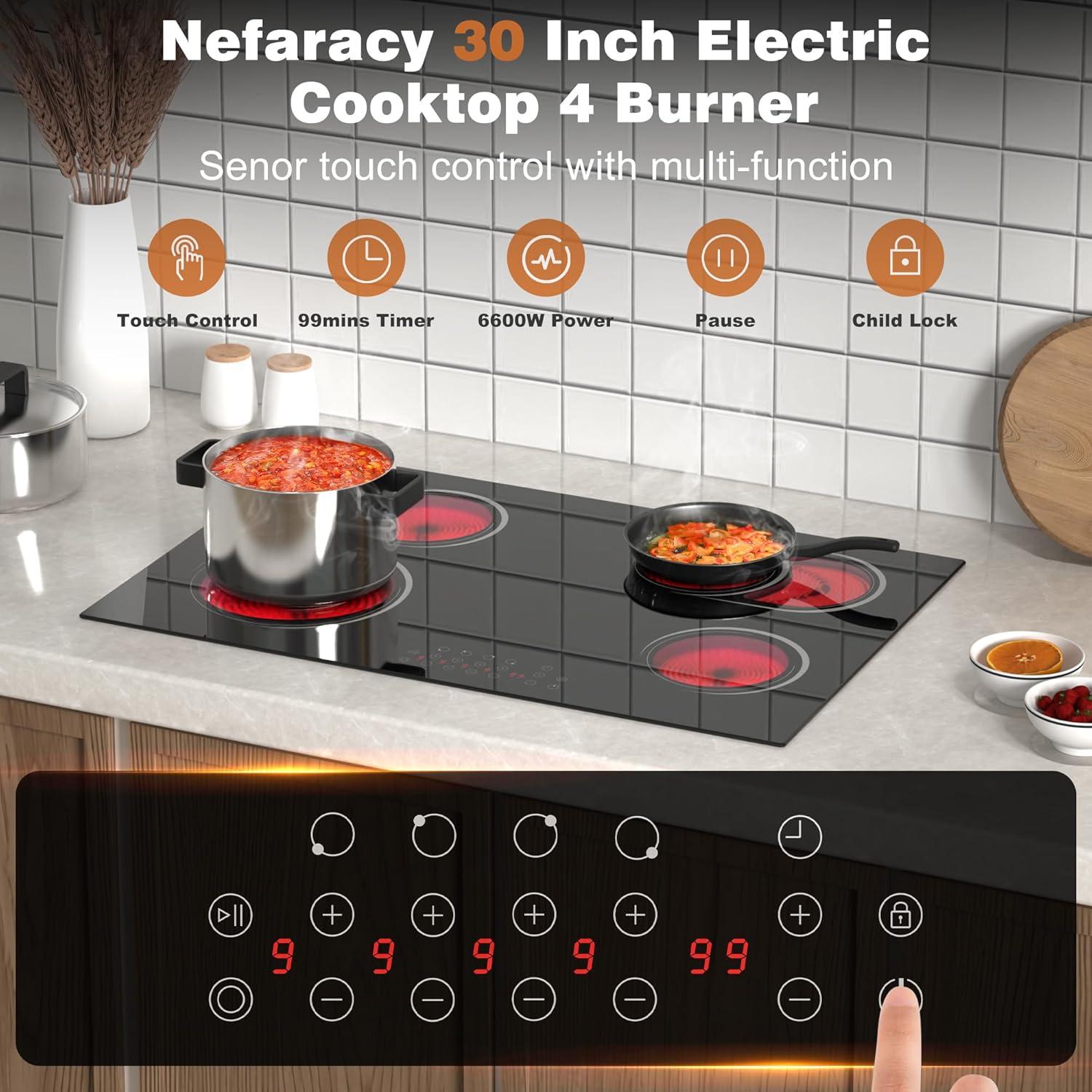 IsEasy 4 Burner Electric Cooktop 30 Inch Built-In Ceramic Cooktop Top, Electric Radiant Cooktop with Pause Function, Electric Stove Top, 220-240V 7200W, 9 Power Levels, Flexible Heating Zones