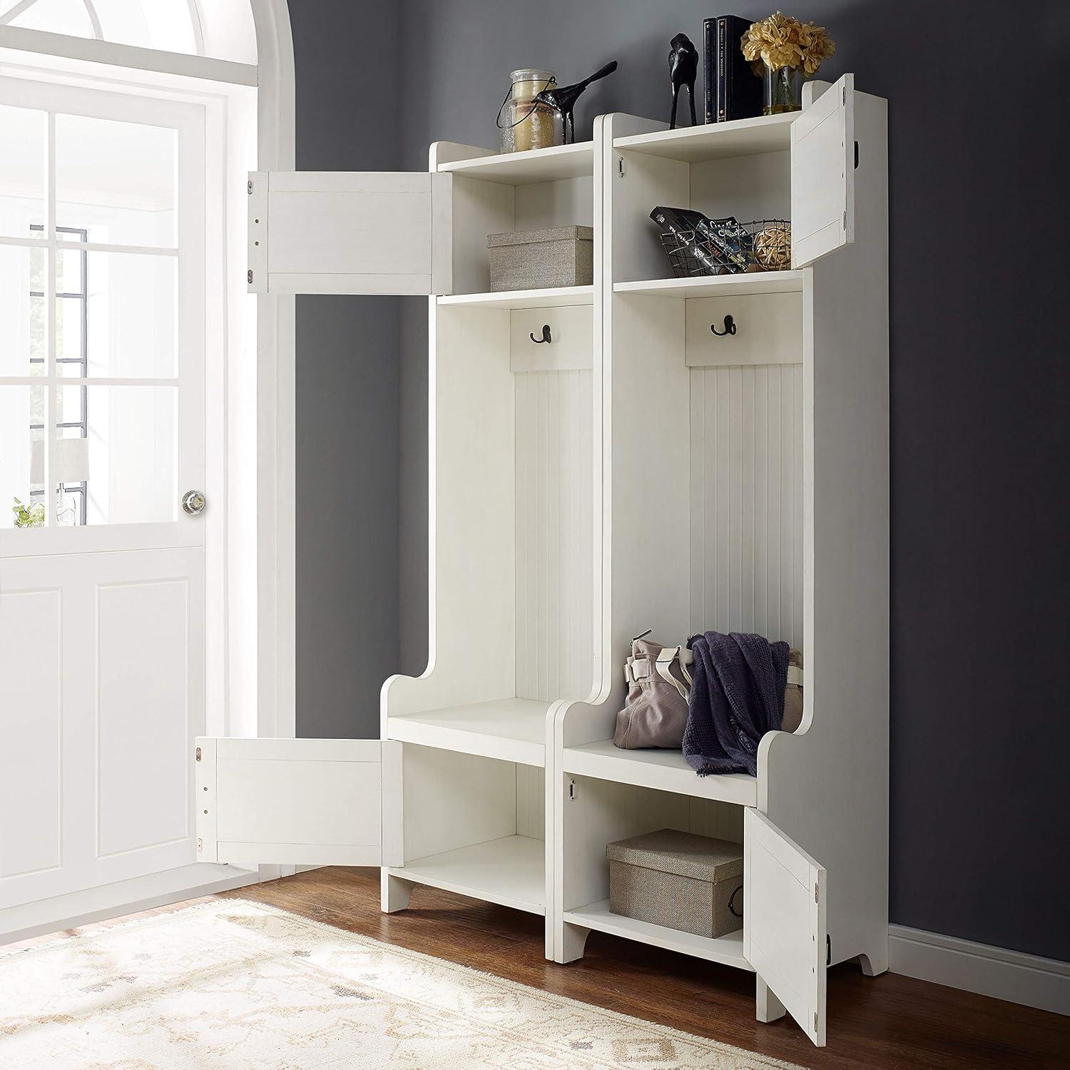 Crosley 2pc Fremont Entryway Kit Two Towers White: Hall Tree Organizer with 4 Hooks, Wood Veneer, Metal Hardware