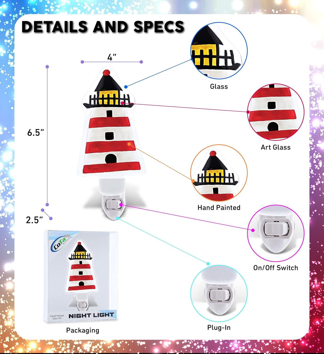 CoTa Global CoTa Global Lighthouse Plug In Glass Night Light Energy Efficient LED Nightlight Wall Decorative Manual On & Off Switch Incandescent Portable Lights for Stairways Bedroom Kitchen Hallw