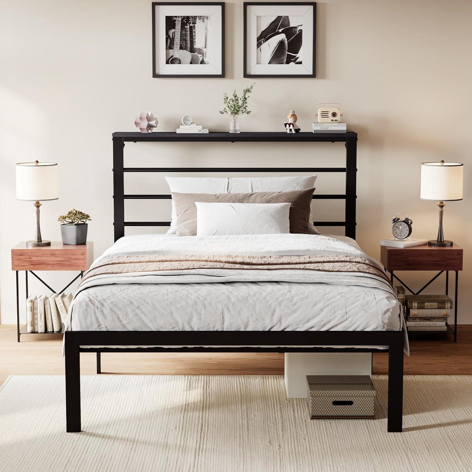 Black Metal Twin Bed Frame with Headboard Shelf and Slats