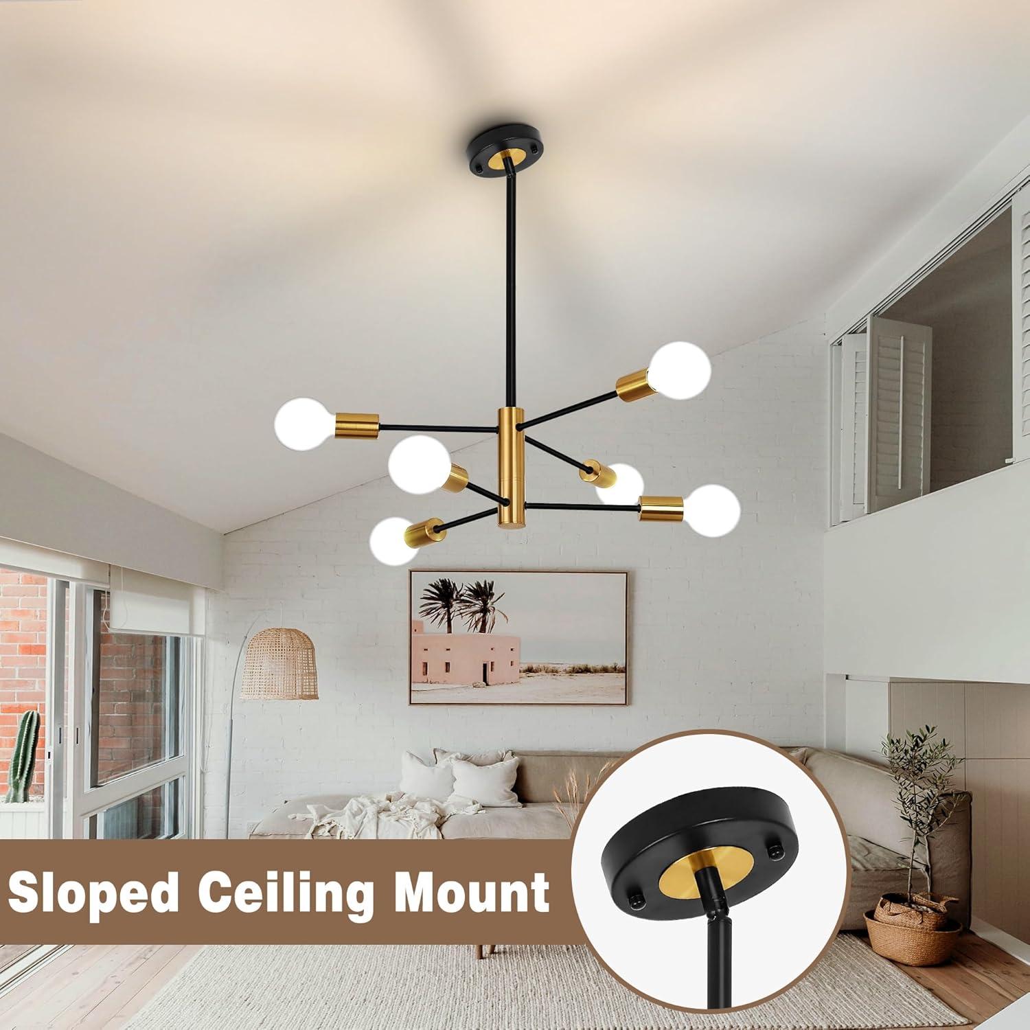 Black and Gold Modern Sputnik Chandelier Ceiling Light Fixtures, 6-Lights Mid Century Industrial Metal Semi Flush Mount Lamp for Bedroom Dining Room Living Room Kitchen Hallway Office