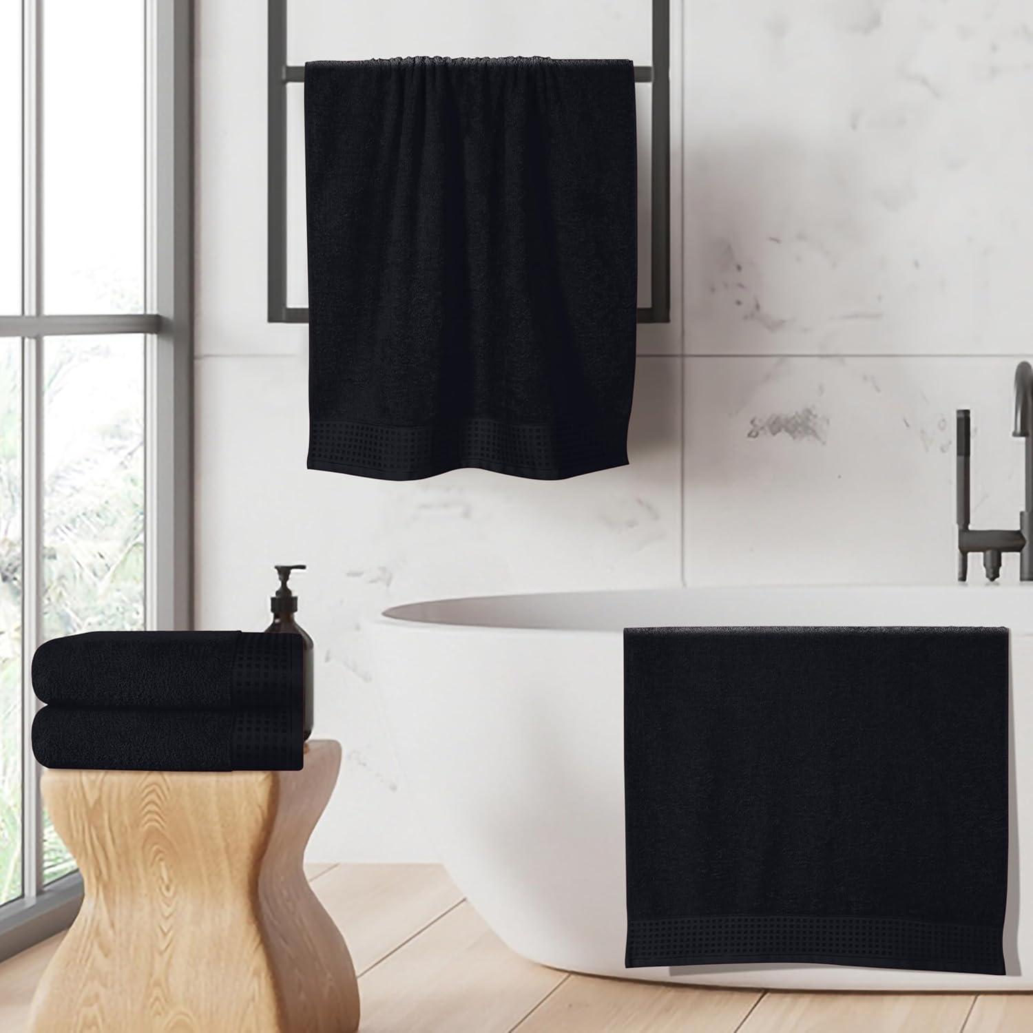 GLAMBURG Premium Cotton 4 Pack Bath Towel Set - 100% Pure Cotton - 4 Bath Towels 27x54 - Ideal for Everyday use - Ultra Soft & Highly Absorbent - Black