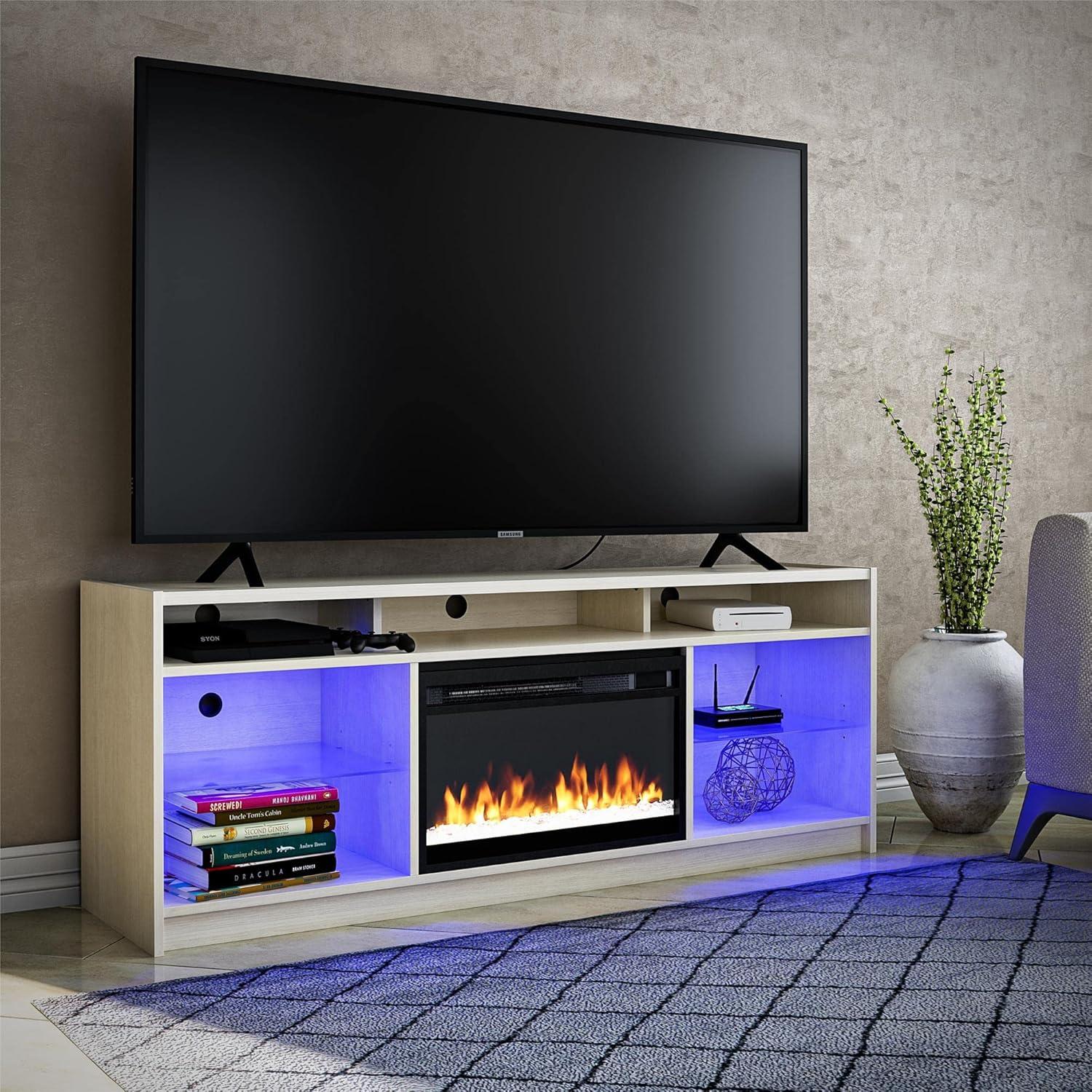 Luna Ivory Oak 65" Fireplace TV Stand with Adjustable Glass Shelves