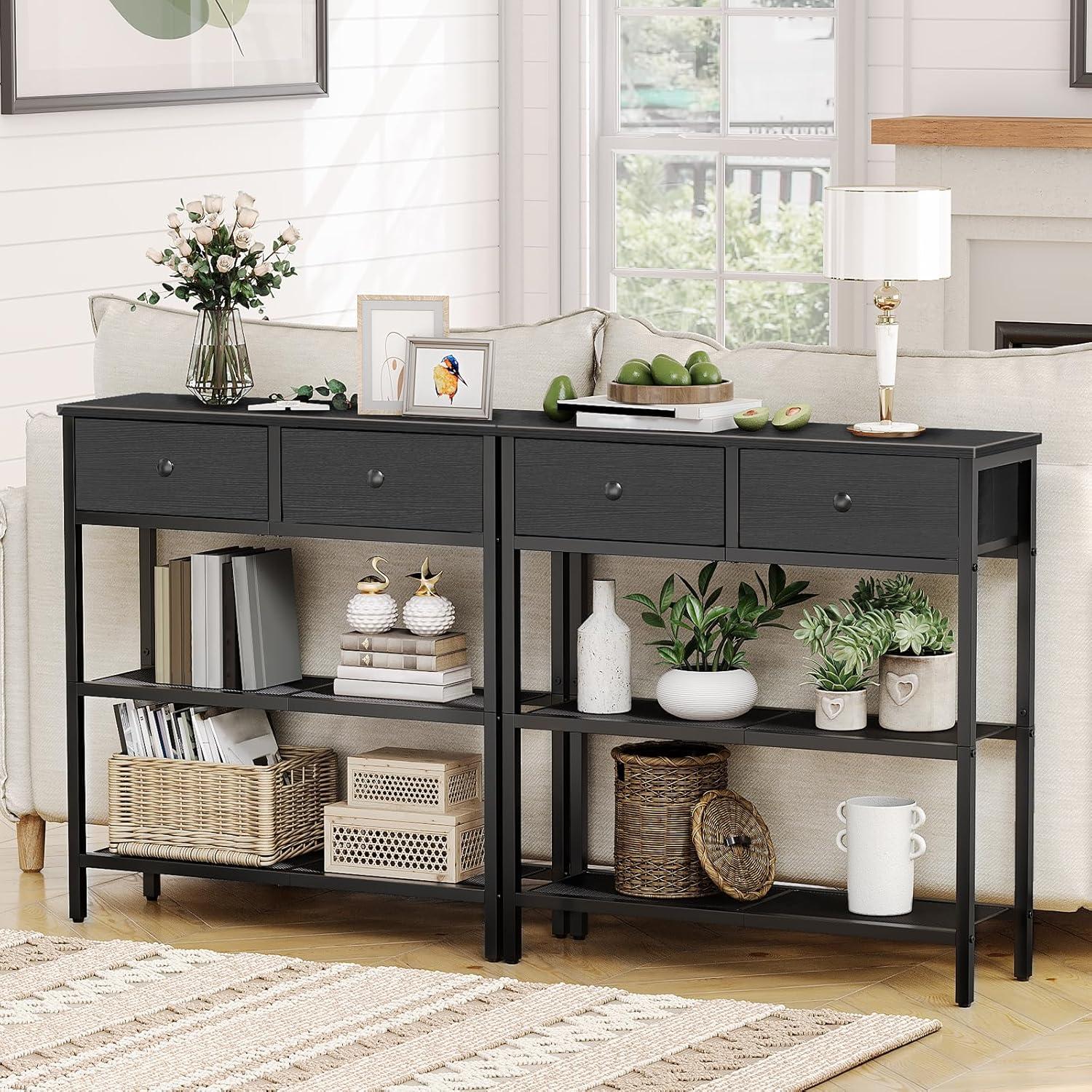 29.5" Narrow Console Table with 2 Fabric Drawers, Small Entryway Table with 3-Tier Storage Shelves, Thin Sofa Table, Side Table, for Living Room, Hallway, Rustic Brown and Black