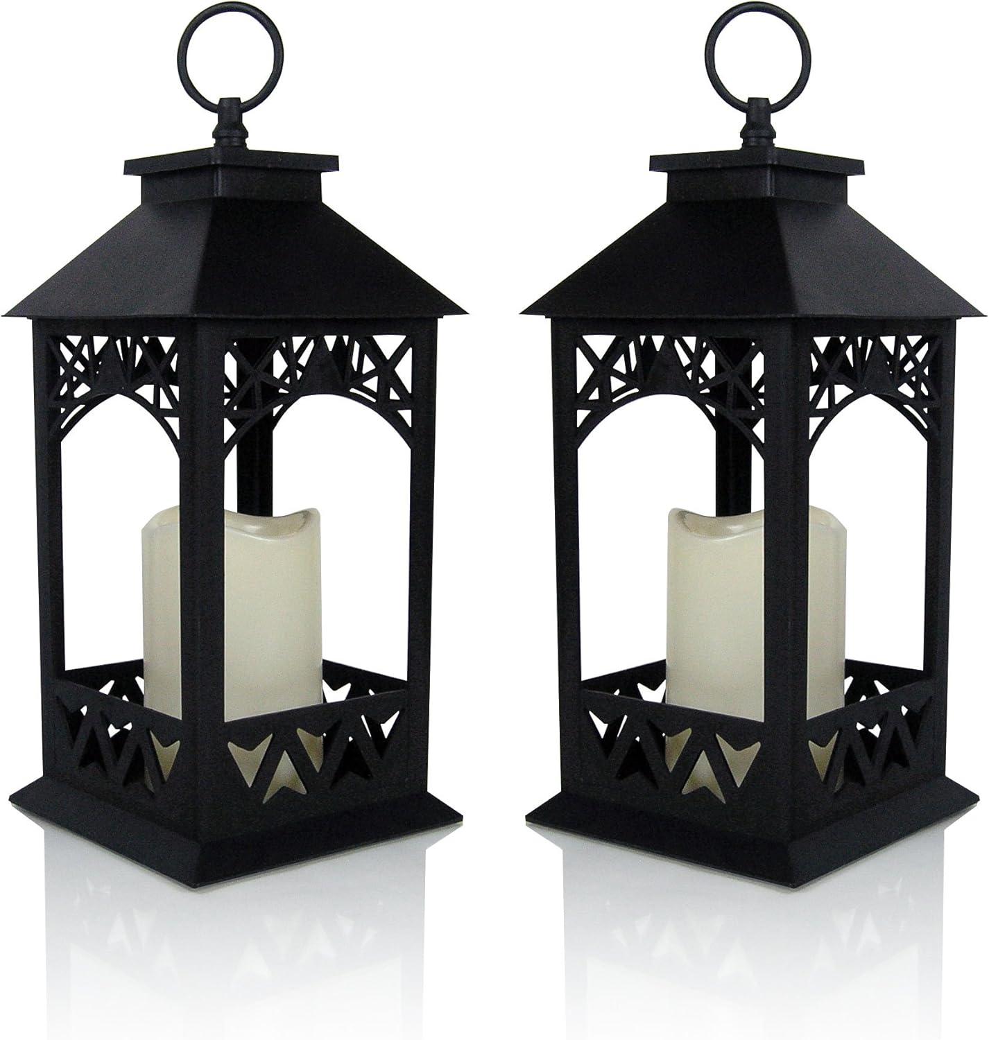Black Lighted LED Lanterns with Lattice Design - Pillar Candle with 4 Hour Timer Included - Remote Control - Hanging or Sitting Decoration - Set of 2 - 13" H - 9605-2