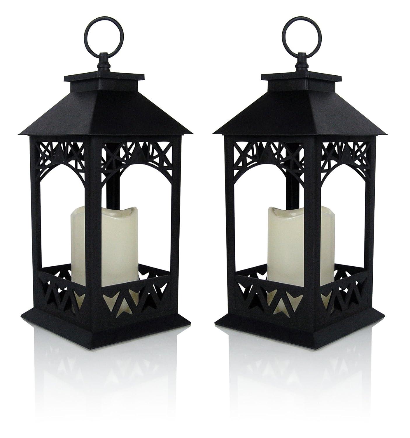 Black Lighted LED Lanterns with Lattice Design - Pillar Candle with 4 Hour Timer Included - Remote Control - Hanging or Sitting Decoration - Set of 2 - 13" H - 9605-2