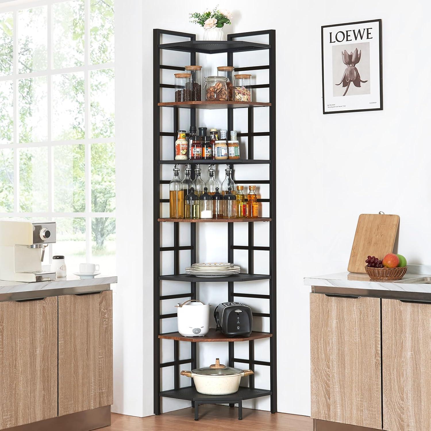 Industrial Black and Brown 7-Tier Corner Bookshelf