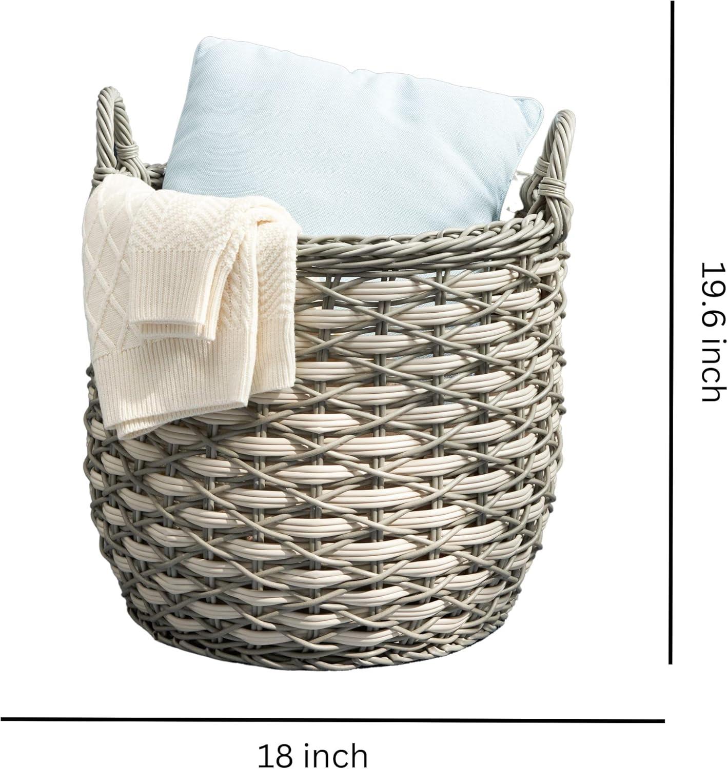 Zita Round Resin Woven Wicker Multi-Use Storage Basket with Handles - 18" x 18" x 19" - White-Gray - For Towel, Toys, Magazines Storage and Home Decoration