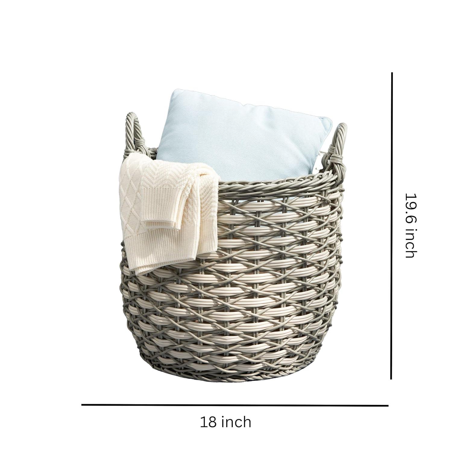 Solhome Zita Round Resin Woven Wicker Multi-Use Storage Basket with Handles 18" x 18" x 19.6" White Gray