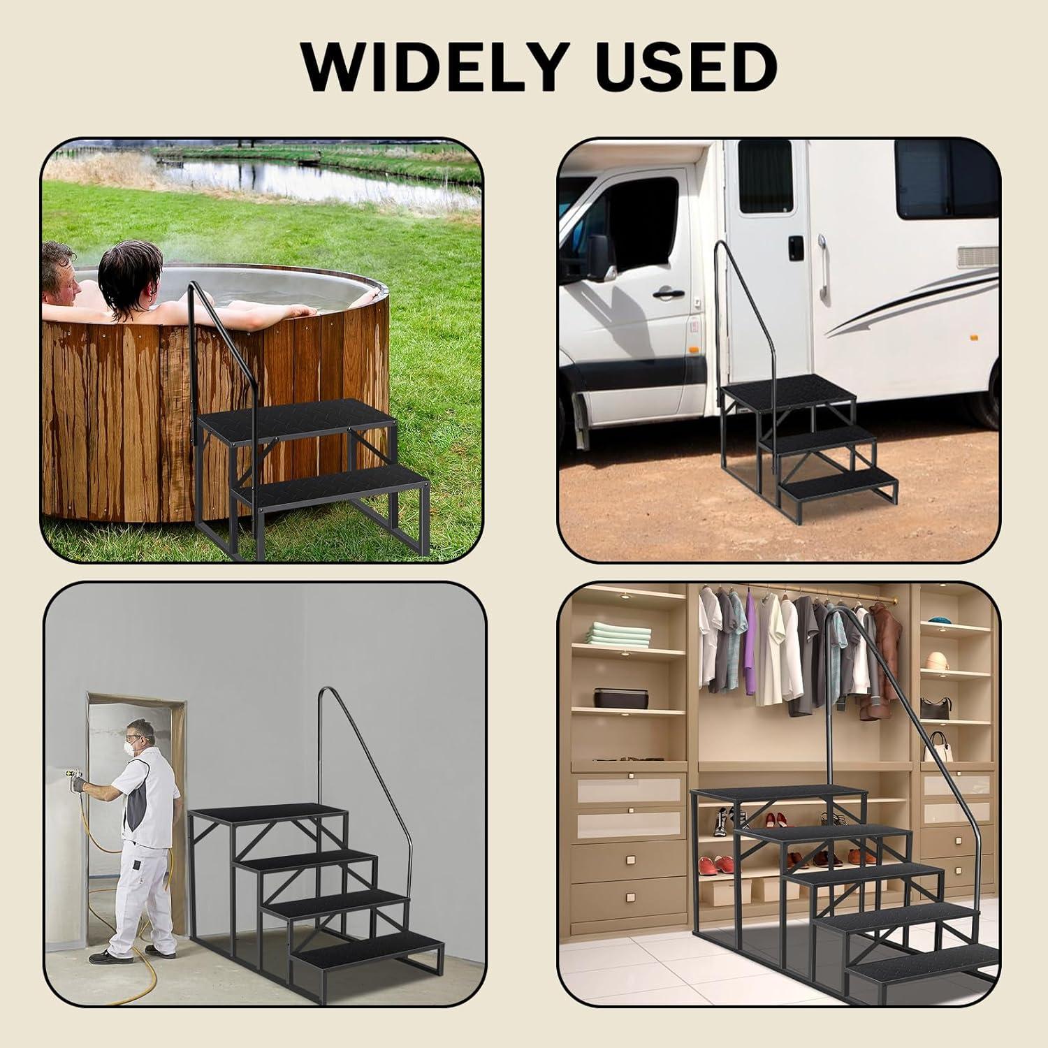 Tcbosik RV Steps with Handrail, 5 Steps Ladder Hot Tub Steps, Portable Stairs Step with Anti-Slip Panel, Heavy Duty Metal Mobile Home Stairs for Outdoor RV Step, Camper Trailer, Black