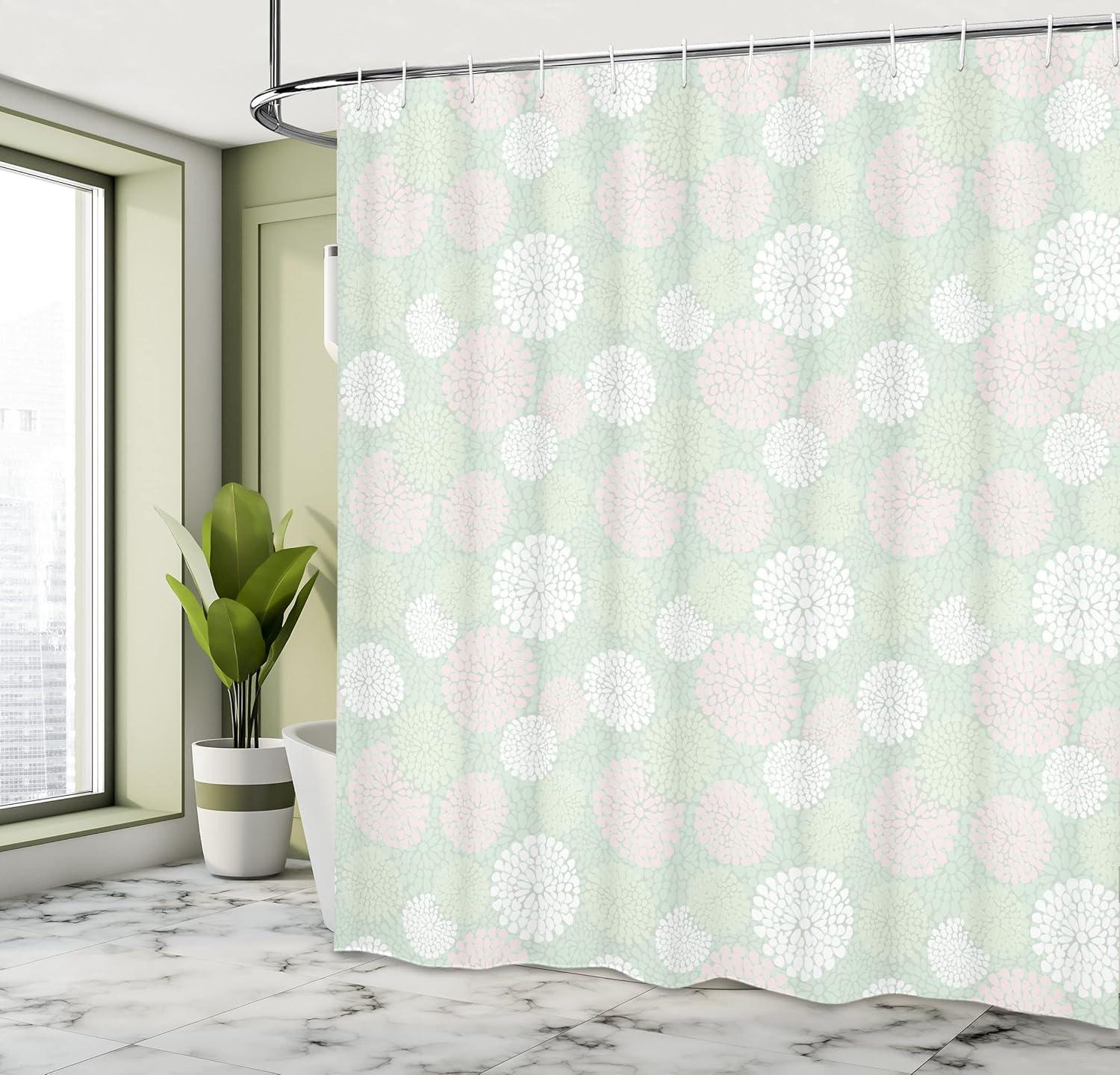 Ambesonne Mint Shower Curtain, Pastel Dahlia Blossoms, 69"Wx70"L, Almond Green Pink