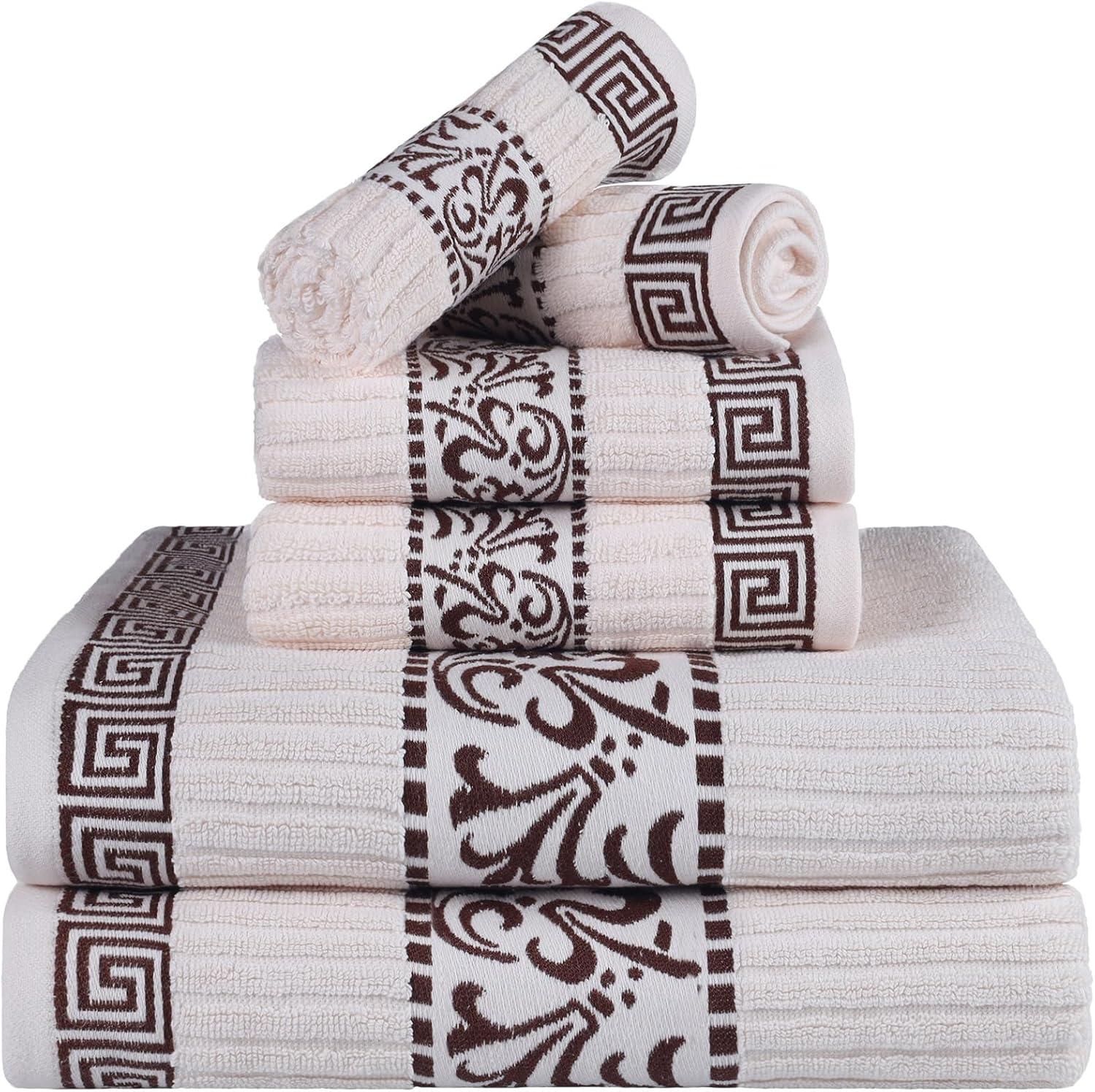 Ivory and Chocolate 6-Piece Cotton Towel Set with Greek Pattern