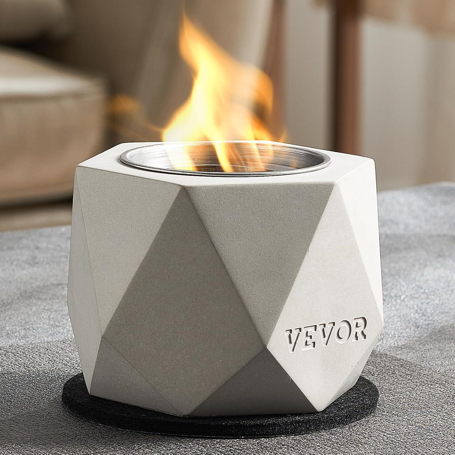 VEVOR Tabletop Fire Pit Bowl, Concrete Tabletop Fireplace Indoor Outdoor Decor, Portable Rubbing Alcohol Burner Smores Maker, Mini Fire Pit for Patio Balcony with Extinguisher Light Gray