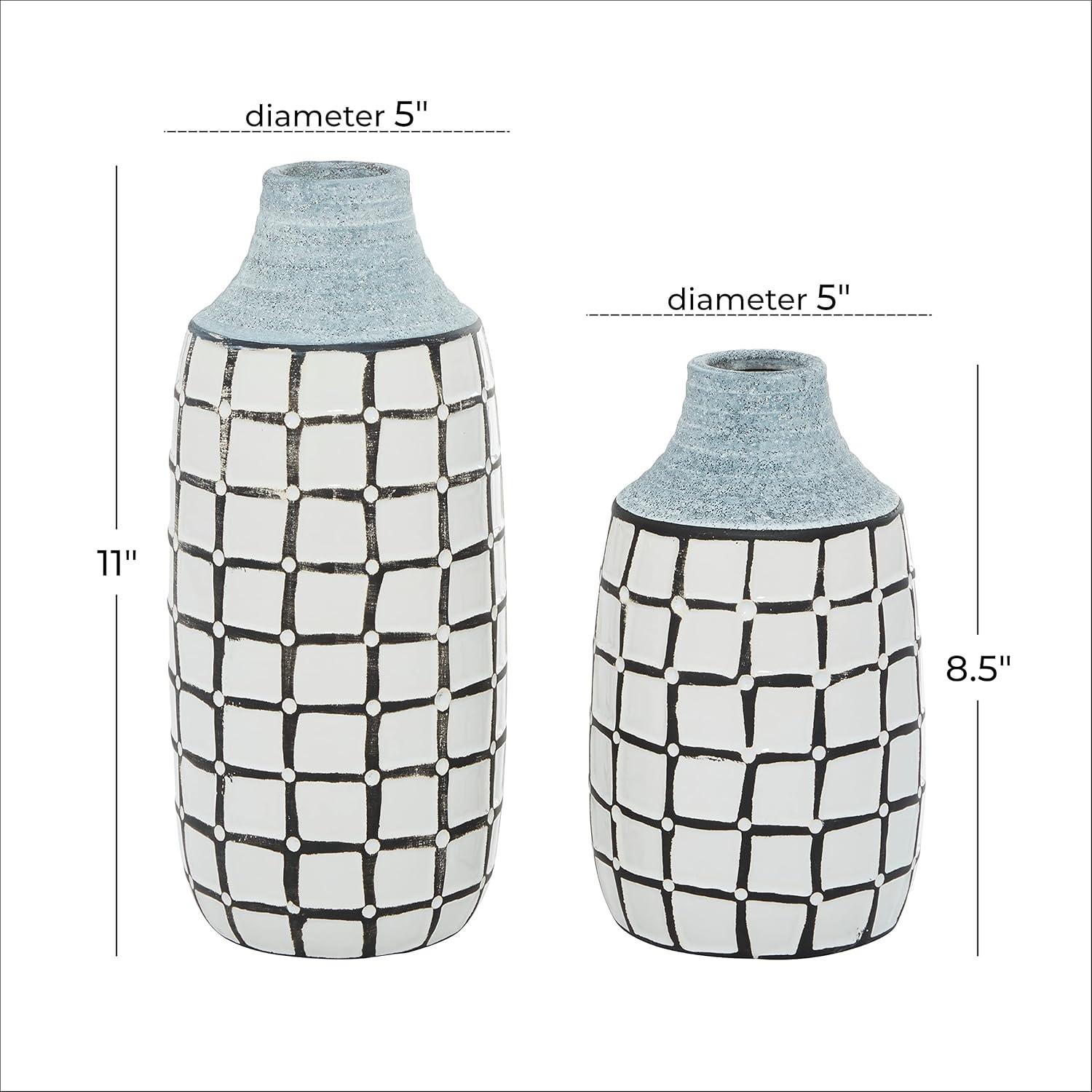 Coastal Charm White Ceramic Vase Duo with Grid Pattern