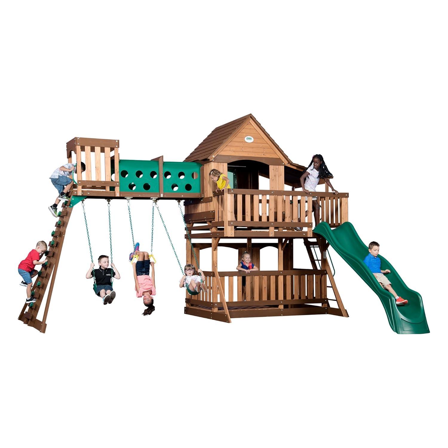 Backyard Discovery Backyard Discovery Woodridge Elite Cedar Wood Swing Set with Wave Slide, Clubhouse, Crawl Tunnel, and Crow's Nest