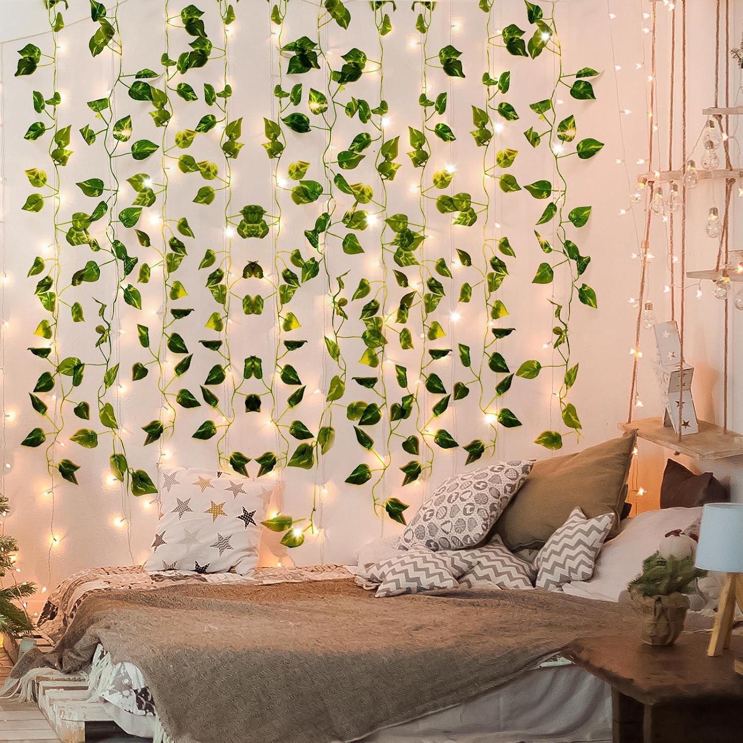 CEWOR 14 Pack 98 Feet Fake Ivy Leaves Artificial Garland Greenery Hanging Plant Vine for Bedroom Wall Decor Wedding Party Room Aesthetic Stuff