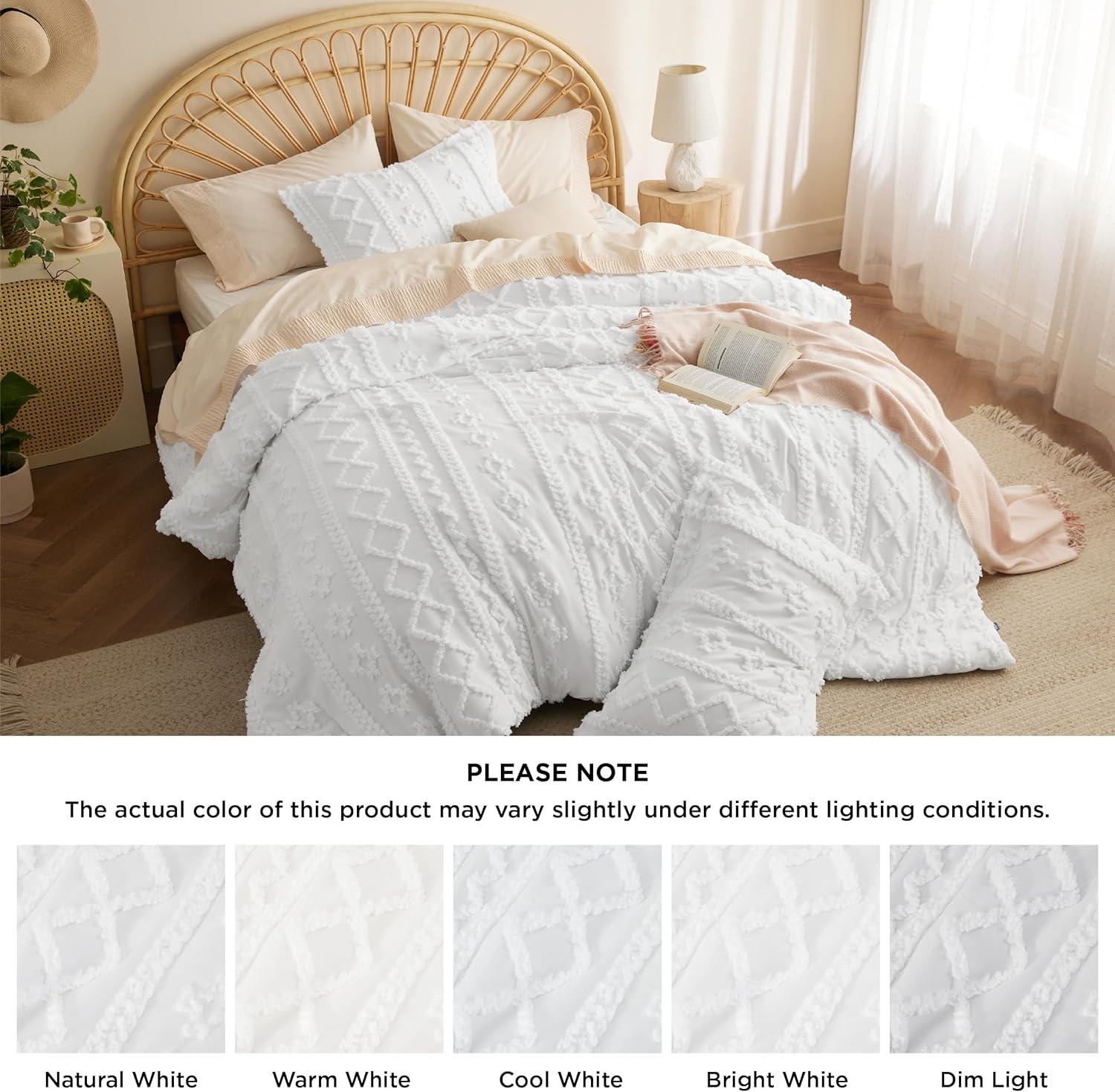 Bedsure Tufted Boho Comforter Set California King - Bright White Boho Bed Set, GentleSoft™ 3 Pieces Farmhouse Shabby Chic Embroidery Bedding, Gifts for Woman, Soft Jacquard Comforter for All Seasons