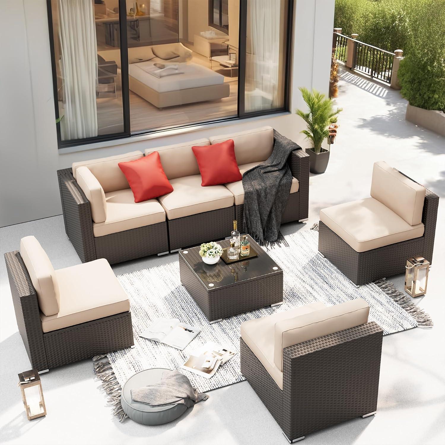 6-Person Brown Wicker Outdoor Sectional Sofa with Glass Table