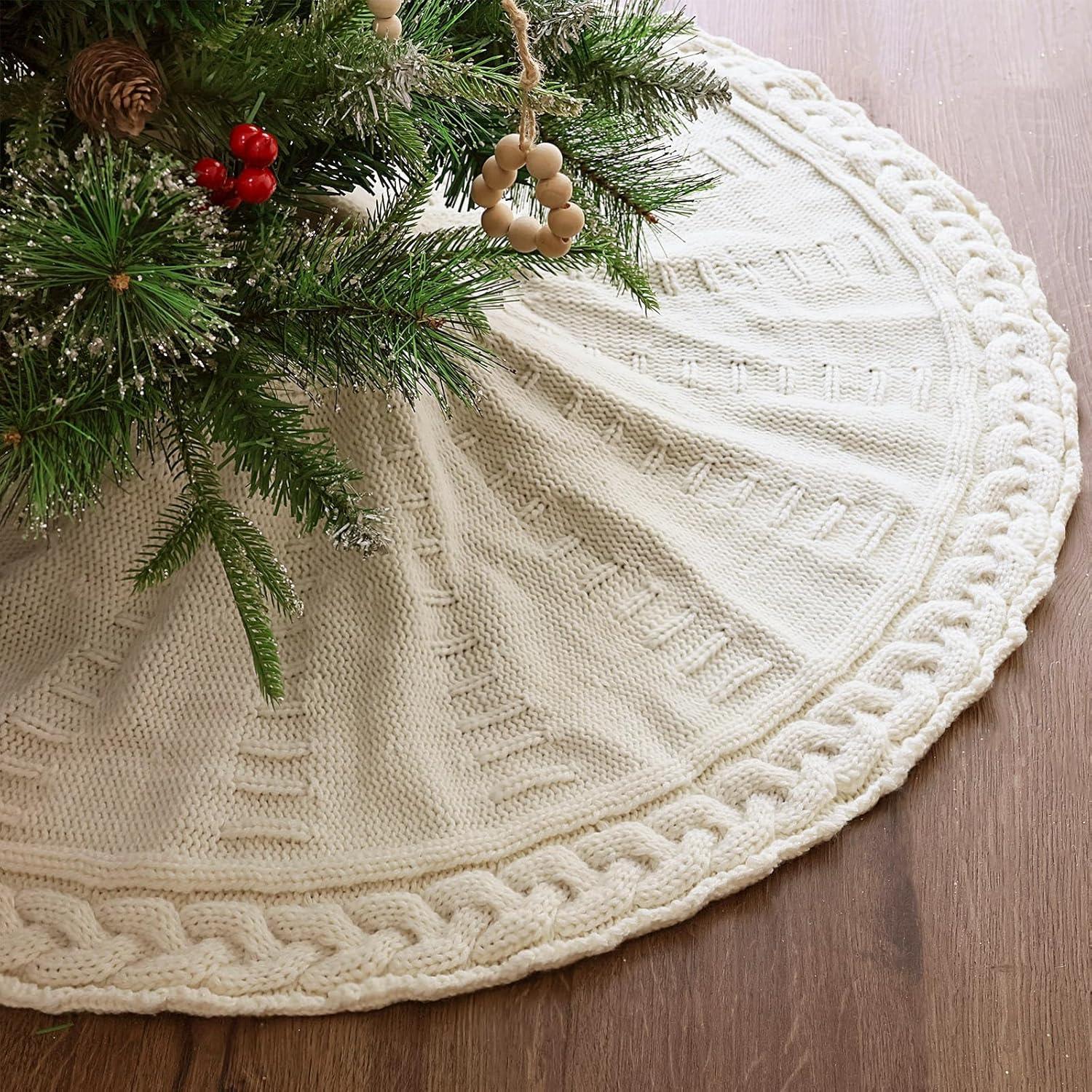 Taotanxi Knitted Christmas Tree Skirt :36 Inches(About 91 Cm)Cream Color White Tree Skirt Woven Twisted Knit Chunky Rustic Christmas Tree Decoration Christmas Holiday Home Party Decoration