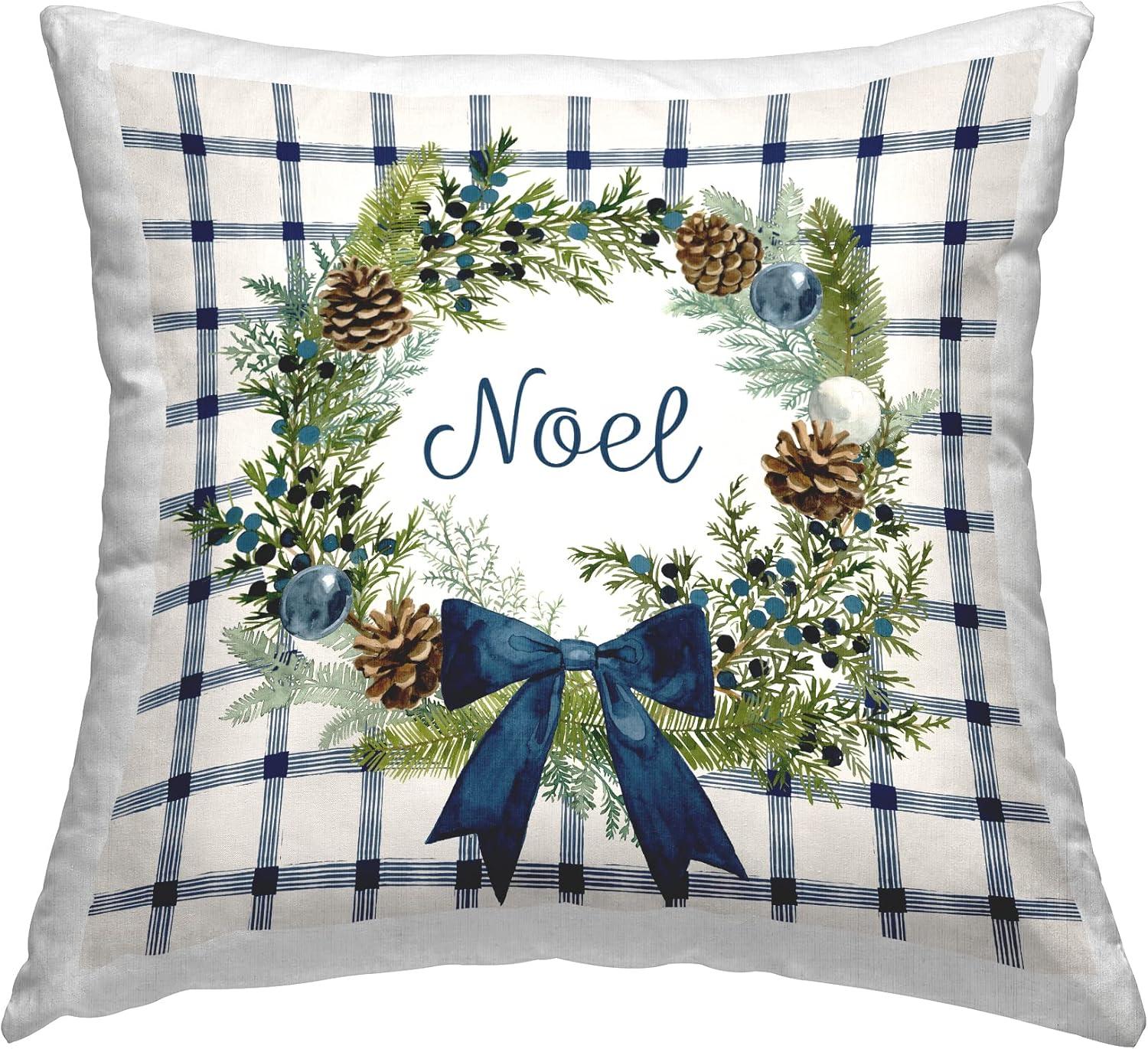 Winter Noel Plaid Botanical Pinecone Wreath Throw Pillow