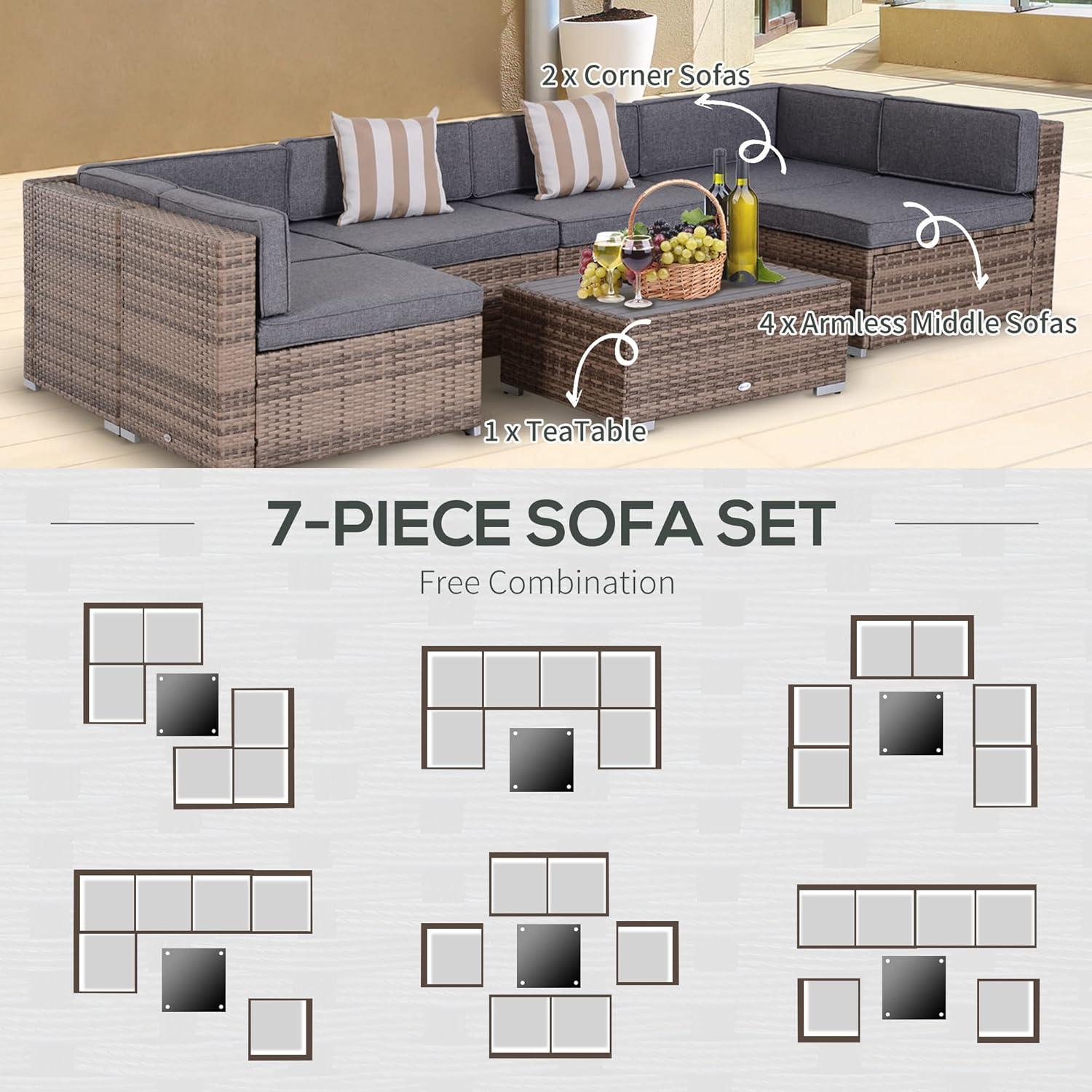 Outsunny 7-Piece Patio Furniture Set, Outdoor Wicker Conversation Set, All Weather PE Rattan Sectional Sofa w/ Faux Wood Table, Stripe Pillows, Gray