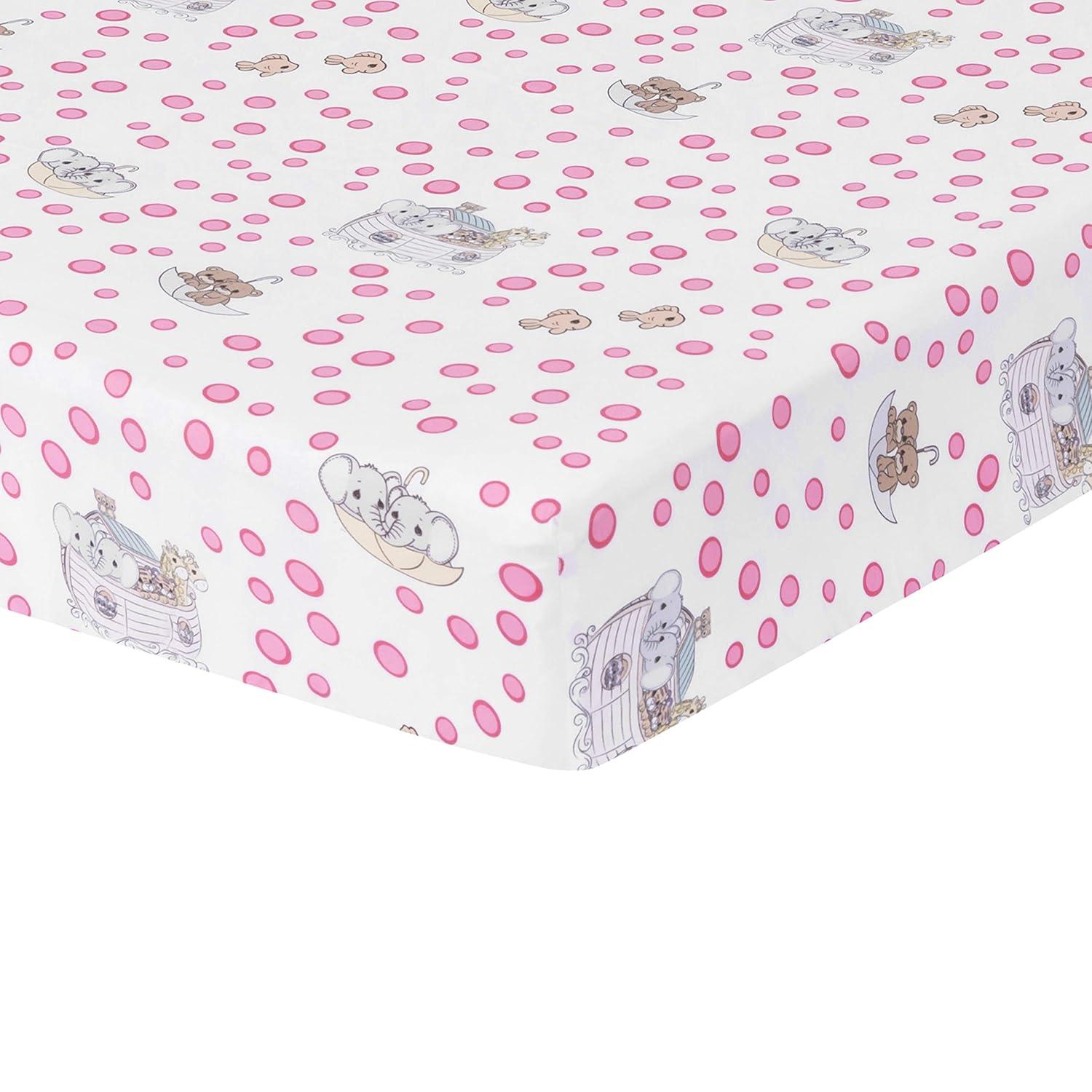 Everyday Kids Noah’s Ark 4-Piece Crib Bedding Set for Girls – Includes Quilt, Fitted Sheet, Dust Ruffle & Diaper Stacker with Animal Prints