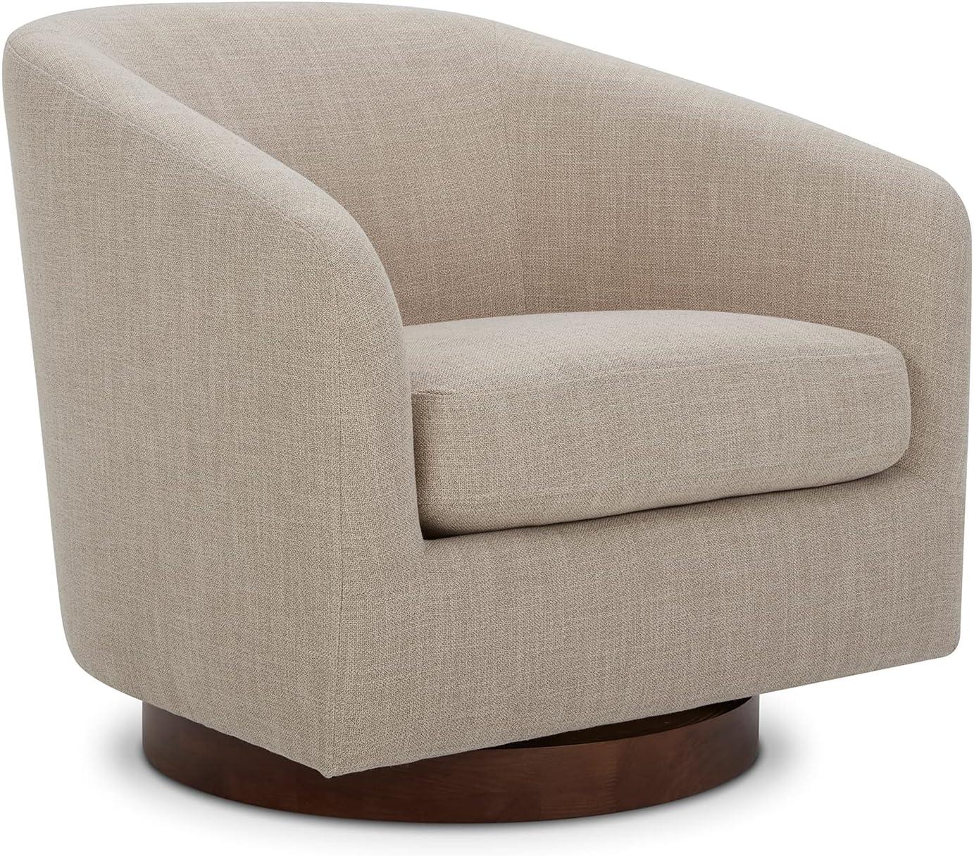 Flax Beige Velvet Barrel Swivel Accent Chair with Wood Base