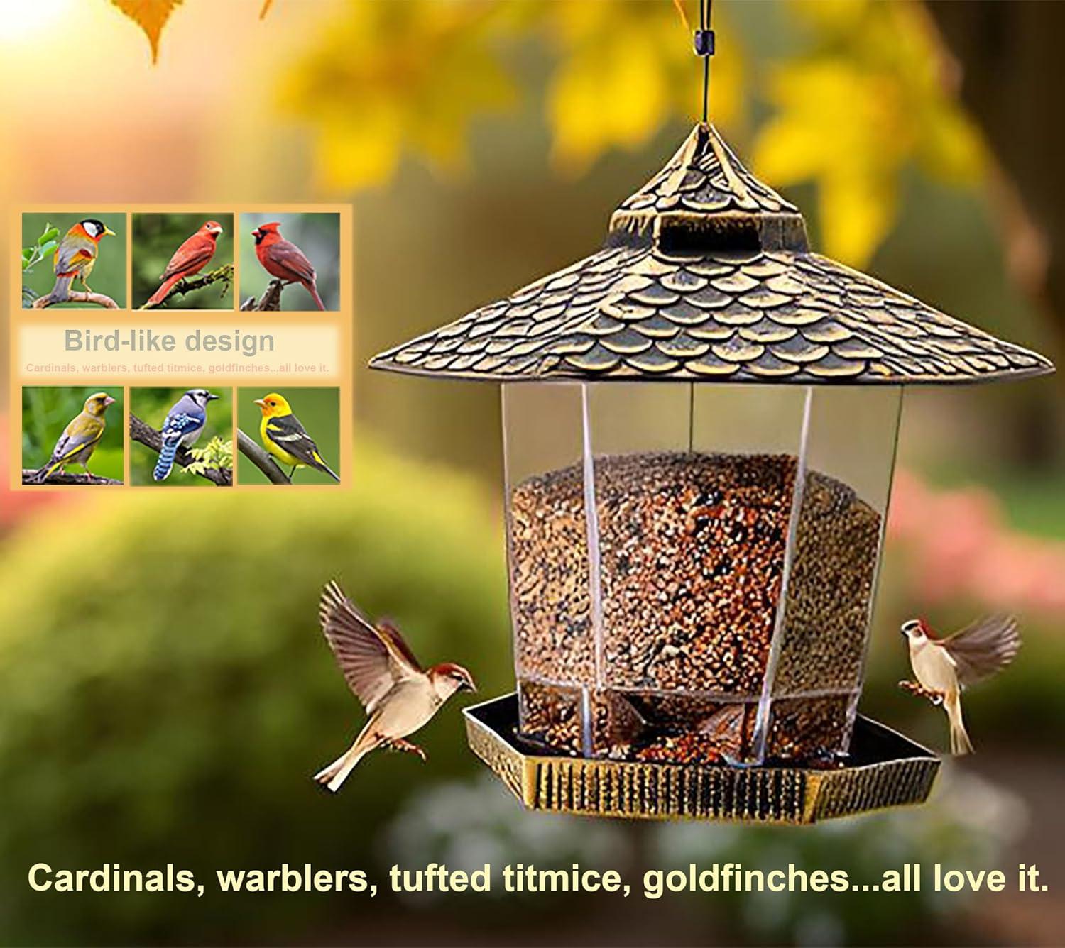 Twinkle Star Comedero para Pájaros Salvajes para Decoración Exterior de Jardín, en Forma de Hexágono con Techo de Bronce