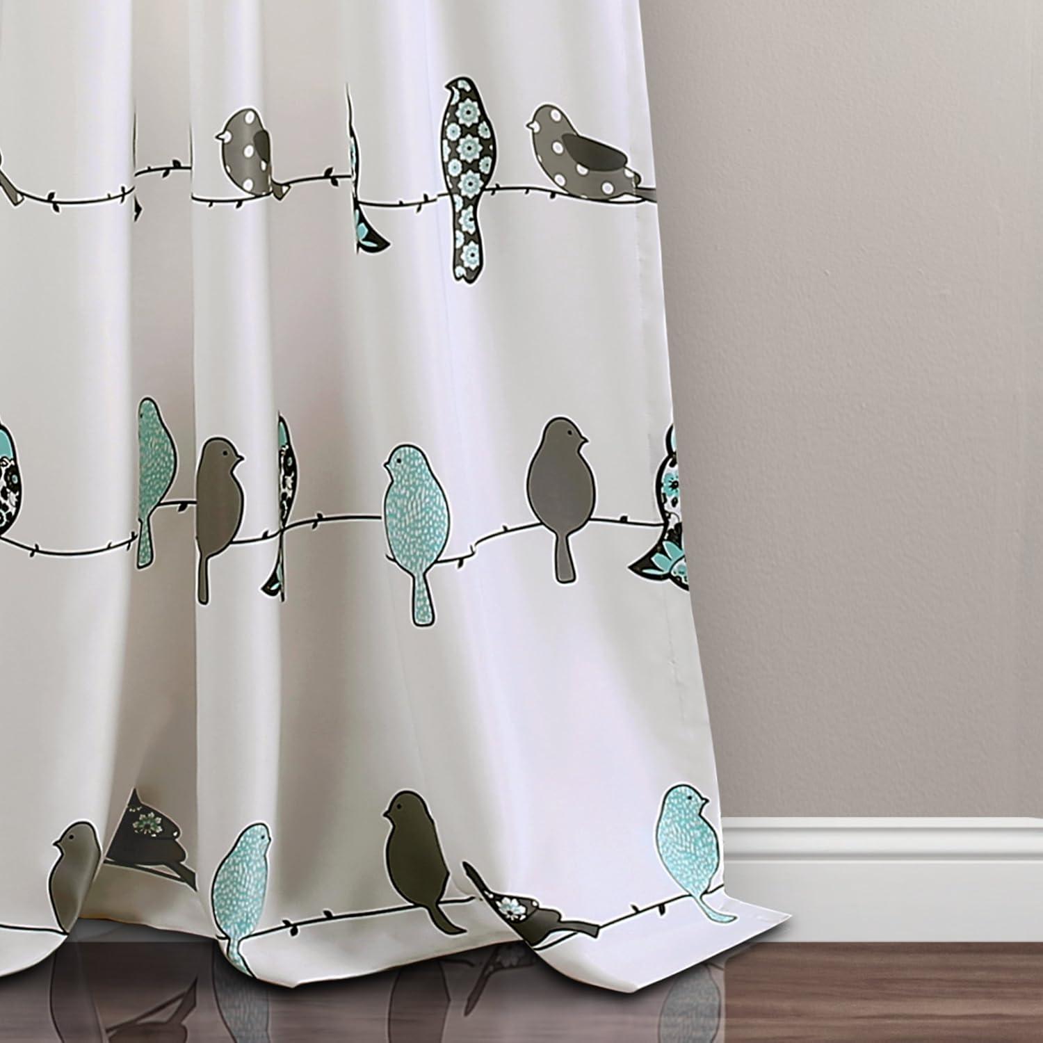 Whimsical Blue and Gray Bird Print Light Filtering Curtains, 52" x 84"