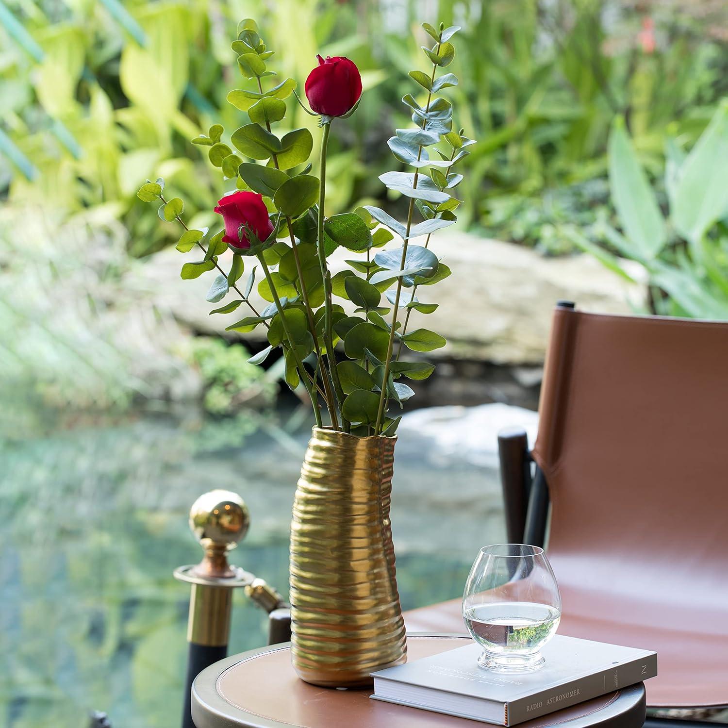 Mercer41 Baftjar 9-Inch Tall Ceramic Bent Melted Modern Style Sculpture Table Centerpiece Flower Vase, a Unique and Decorative Vase in an Elegant Gold Finish, Perfect for Adding Sophistication to Home or Office Décor