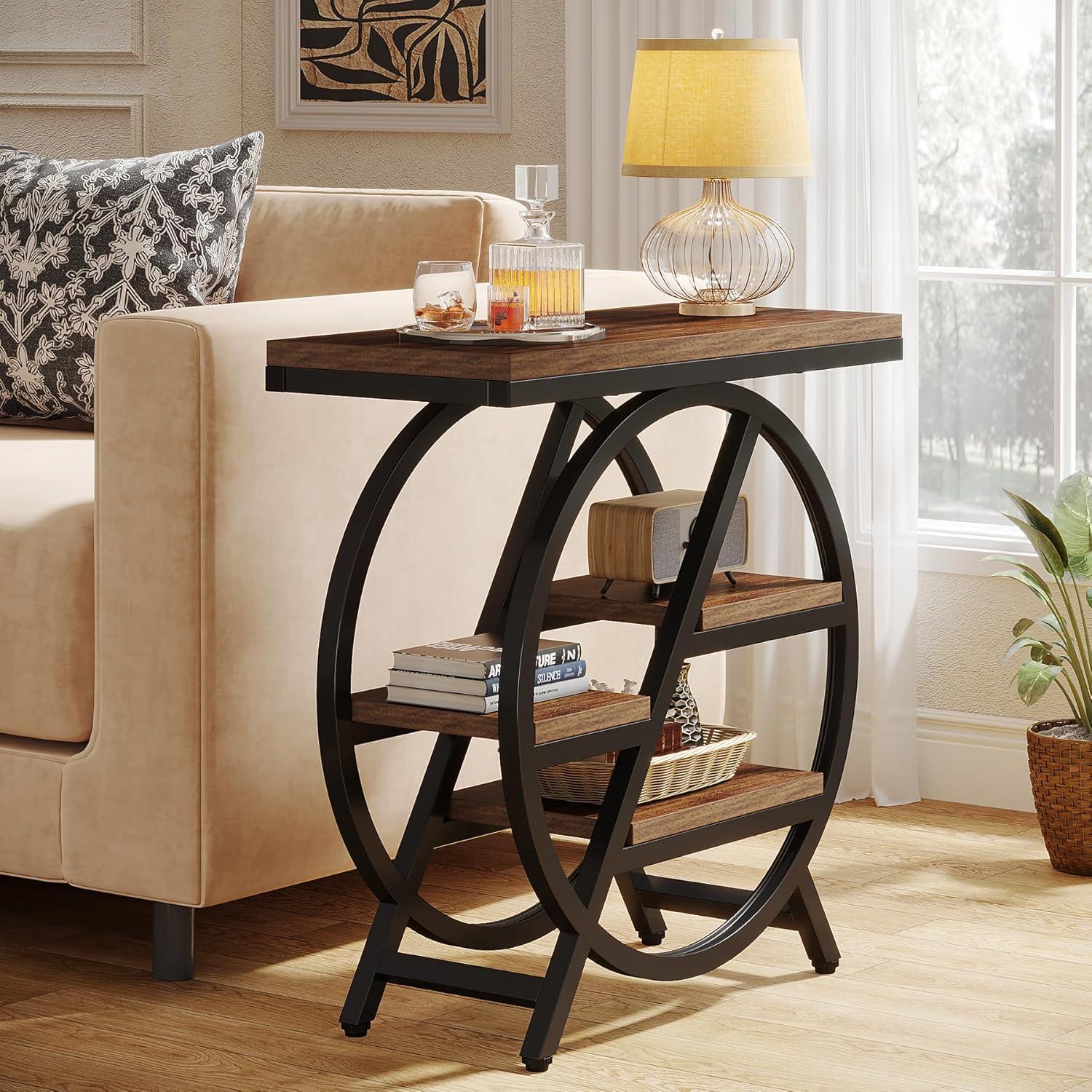 Rustic Brown Wood and Black Metal 3-Tier End Table with Storage