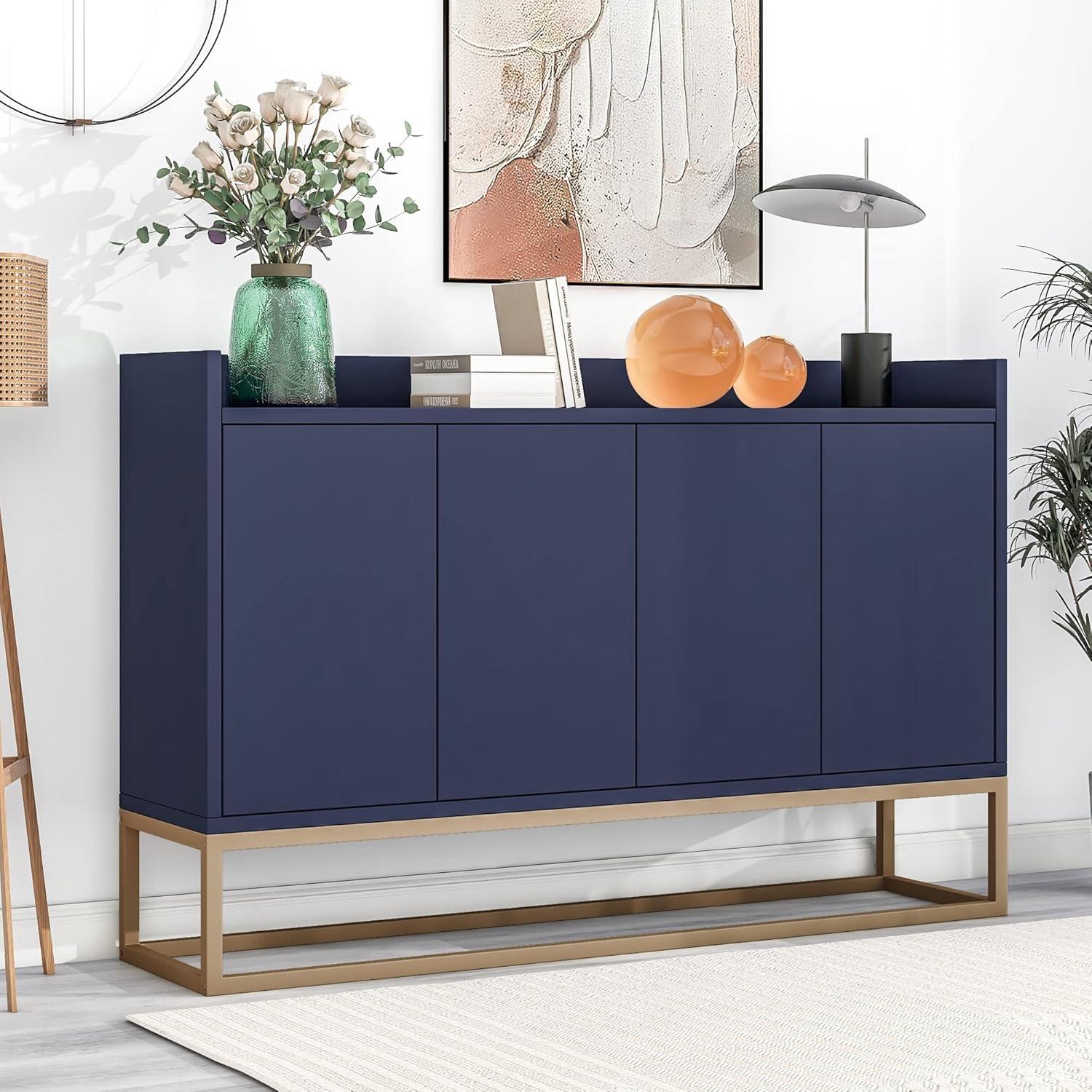 47" Sideboard, Buffet Cabinet with Storage and Rebound Device, Minimalist Accent Cabinet with Metal Legs for Living Room, Entryway, Navy