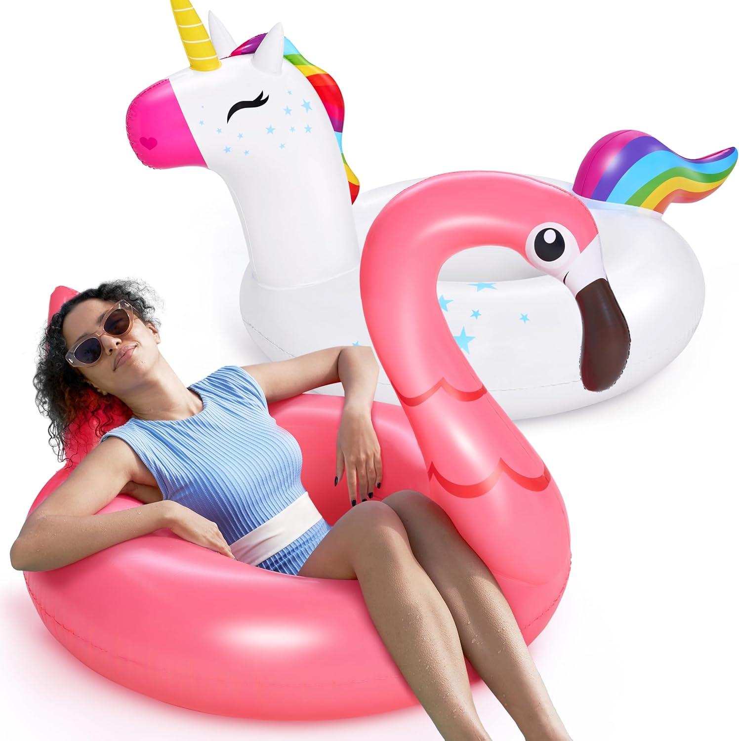 Joyfy 2 Packs Pool Floats Tube, Inflatable Unicorn Flamingo Pool Toys Floaties with Headrest, Pool Swim Ring for Kids Adults Beach Lake Summer Fun