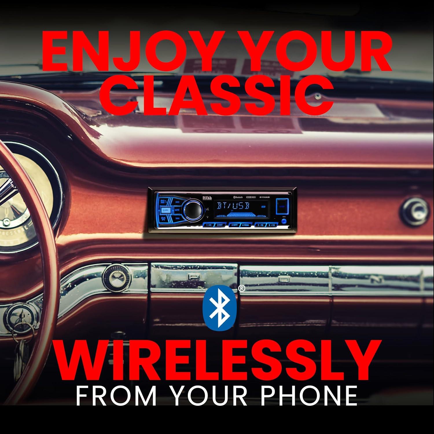 BOSS Audio Systems 611UAB Car Stereo - Single Din, Bluetooth, No CD DVD Player, AM/FM Radio Receiver, Aux Input, USB