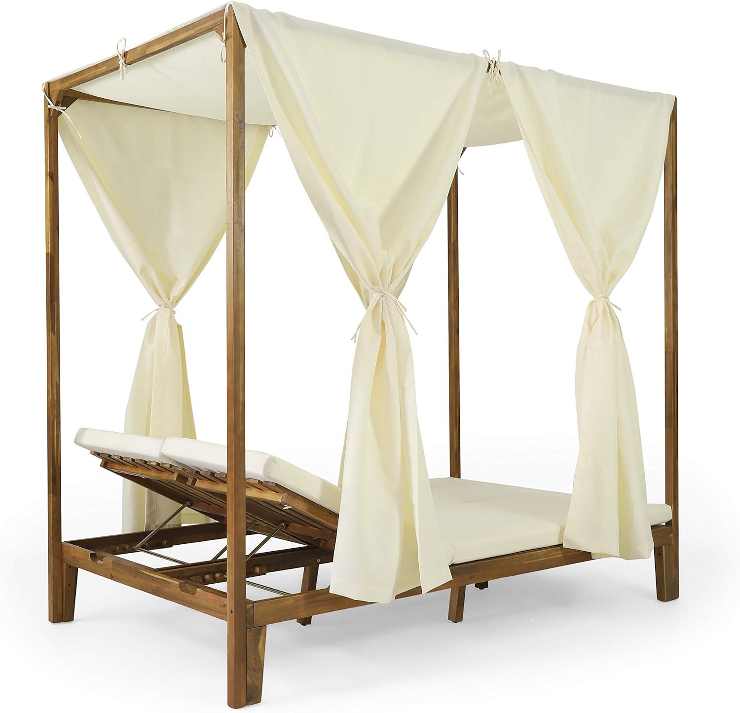 Kinzie Outdoor 2 Seater Acacia Wood Daybed with Adjustable Chaise & Water-Resistant Curtains - Christopher Knight Home