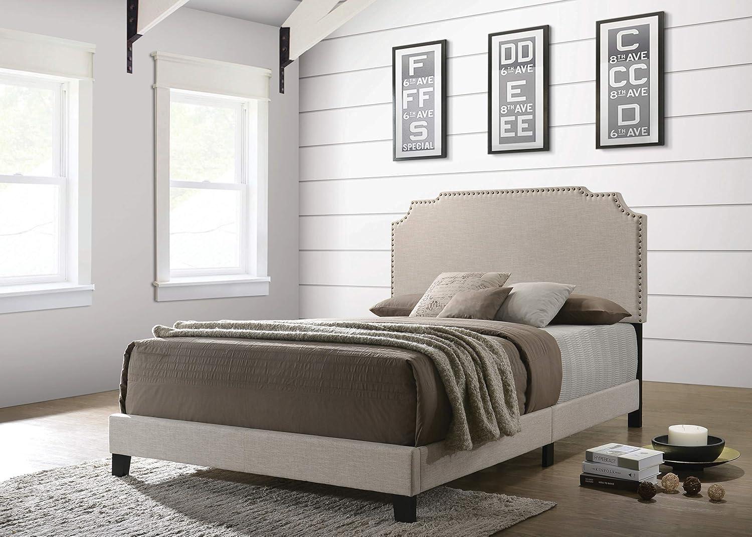 Tamarac Upholstered Nailhead Queen Bed Beige