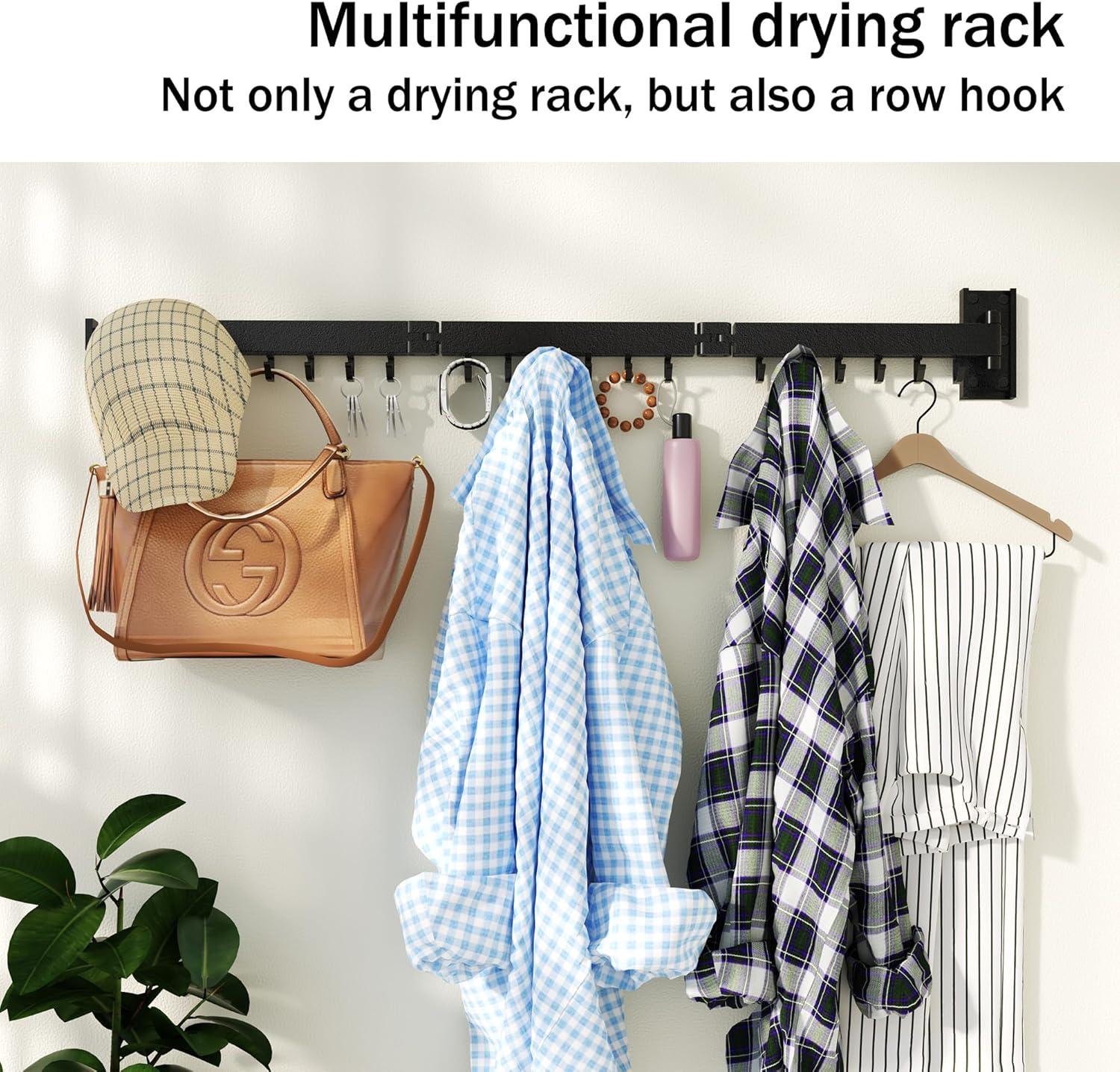 Retractable Wall Mounted Clothes Drying Rack: Folding Laundry Hanger with Collapsible Design and J Shape Hooks