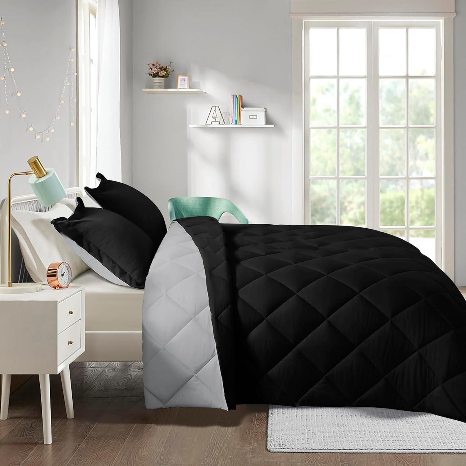DOWNCOOL Comforter King Size, Reversible Duvet Insert,Black/Grey All Season Blanket, Lightweight Quilt, Down Alternative Hotel Comforter with Corner Tabs (Black/Gray, King 102x90 Inches)