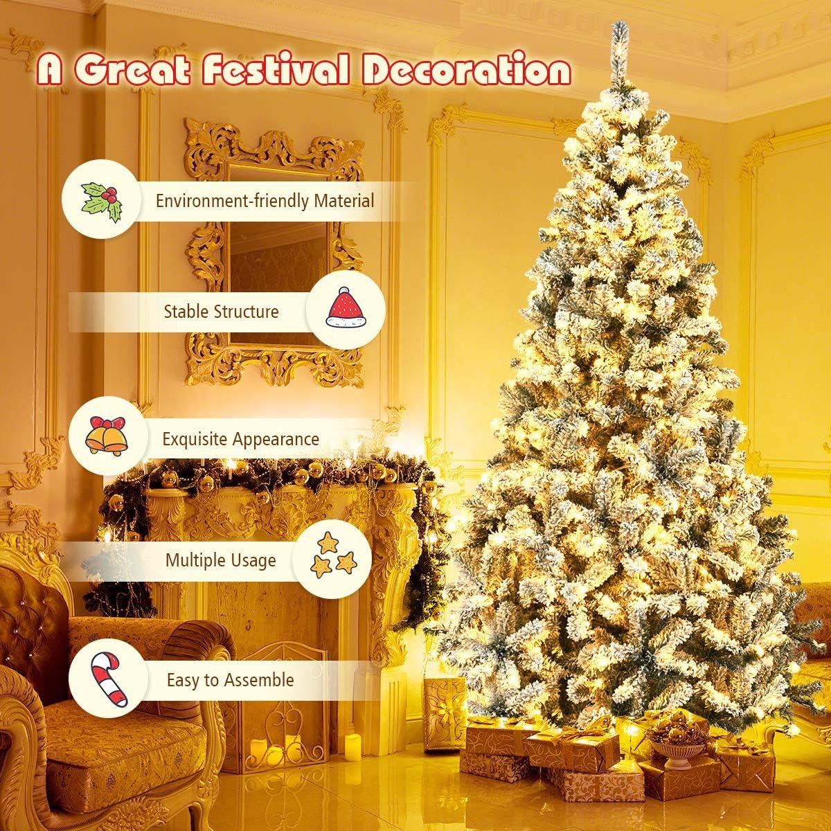 9-Foot White Flocked Pine Christmas Tree with Warm LED Lights